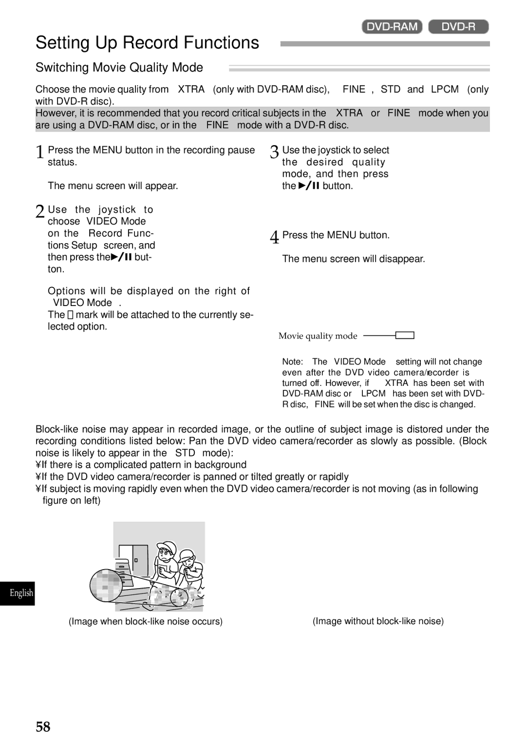 Hitachi DZMV270A instruction manual Setting Up Record Functions, Switching Movie Quality Mode 