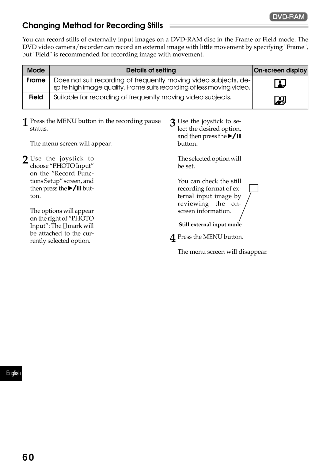 Hitachi DZMV270A instruction manual Changing Method for Recording Stills 