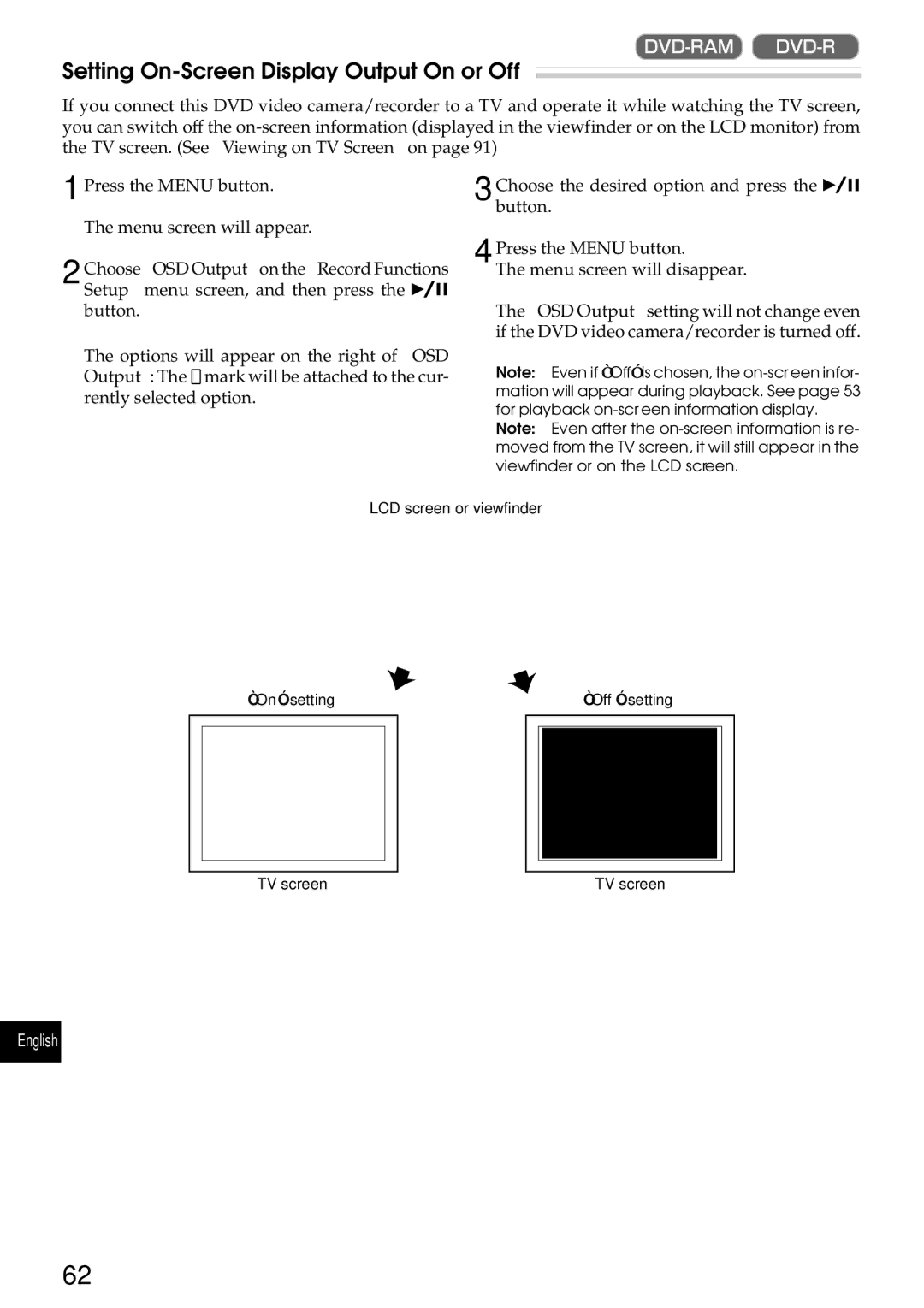 Hitachi DZMV270A instruction manual Setting On-Screen Display Output On or Off 