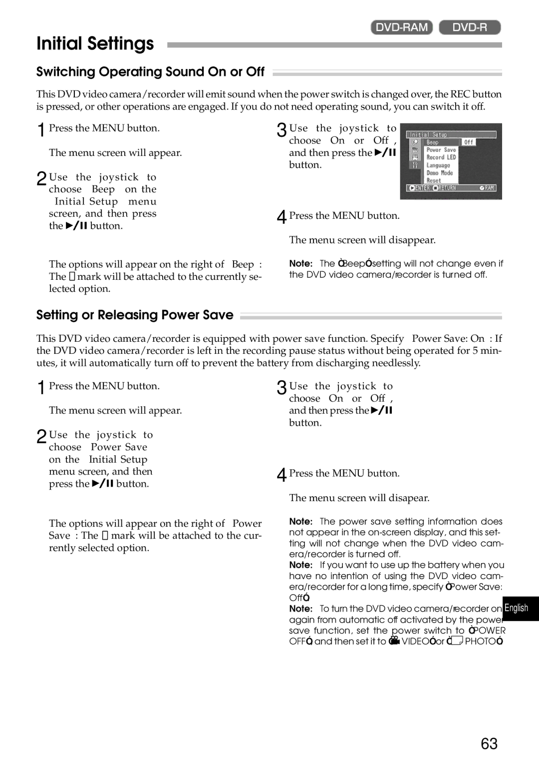 Hitachi DZMV270A instruction manual Initial Settings, Switching Operating Sound On or Off, Setting or Releasing Power Save 