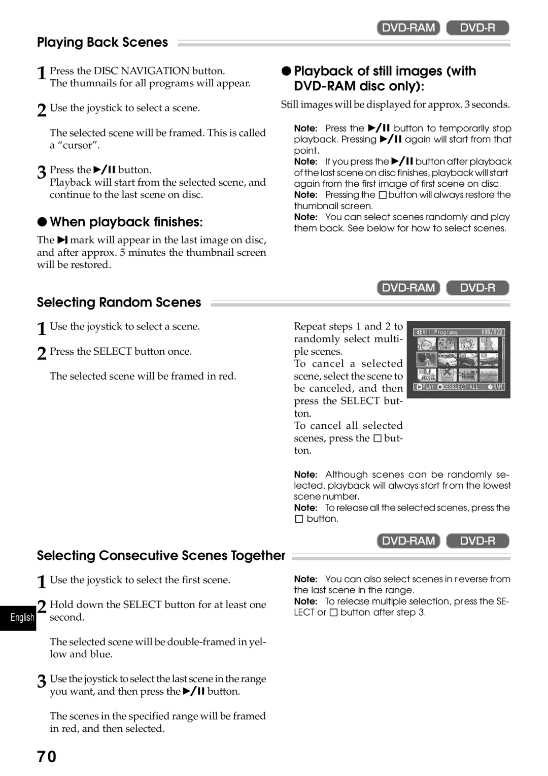 Hitachi DZMV270A Playing Back Scenes, When playback finishes, Playback of still images with DVD-RAM disc only 