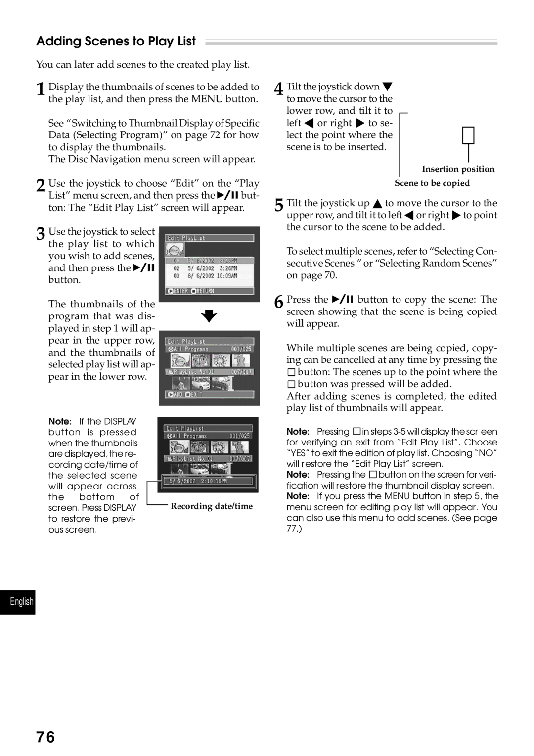 Hitachi DZMV270A instruction manual Adding Scenes to Play List 