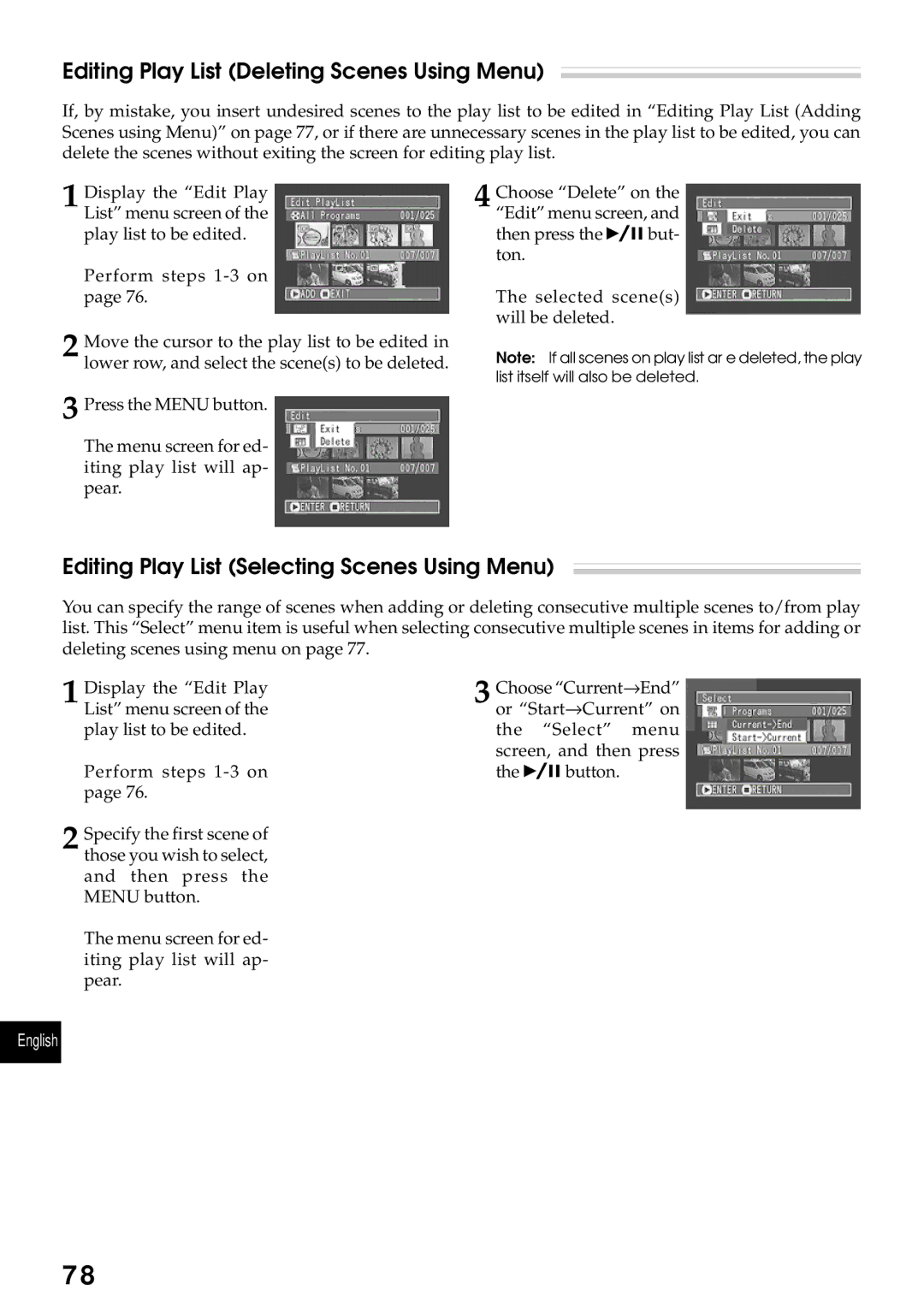 Hitachi DZMV270A Editing Play List Deleting Scenes Using Menu, Editing Play List Selecting Scenes Using Menu 