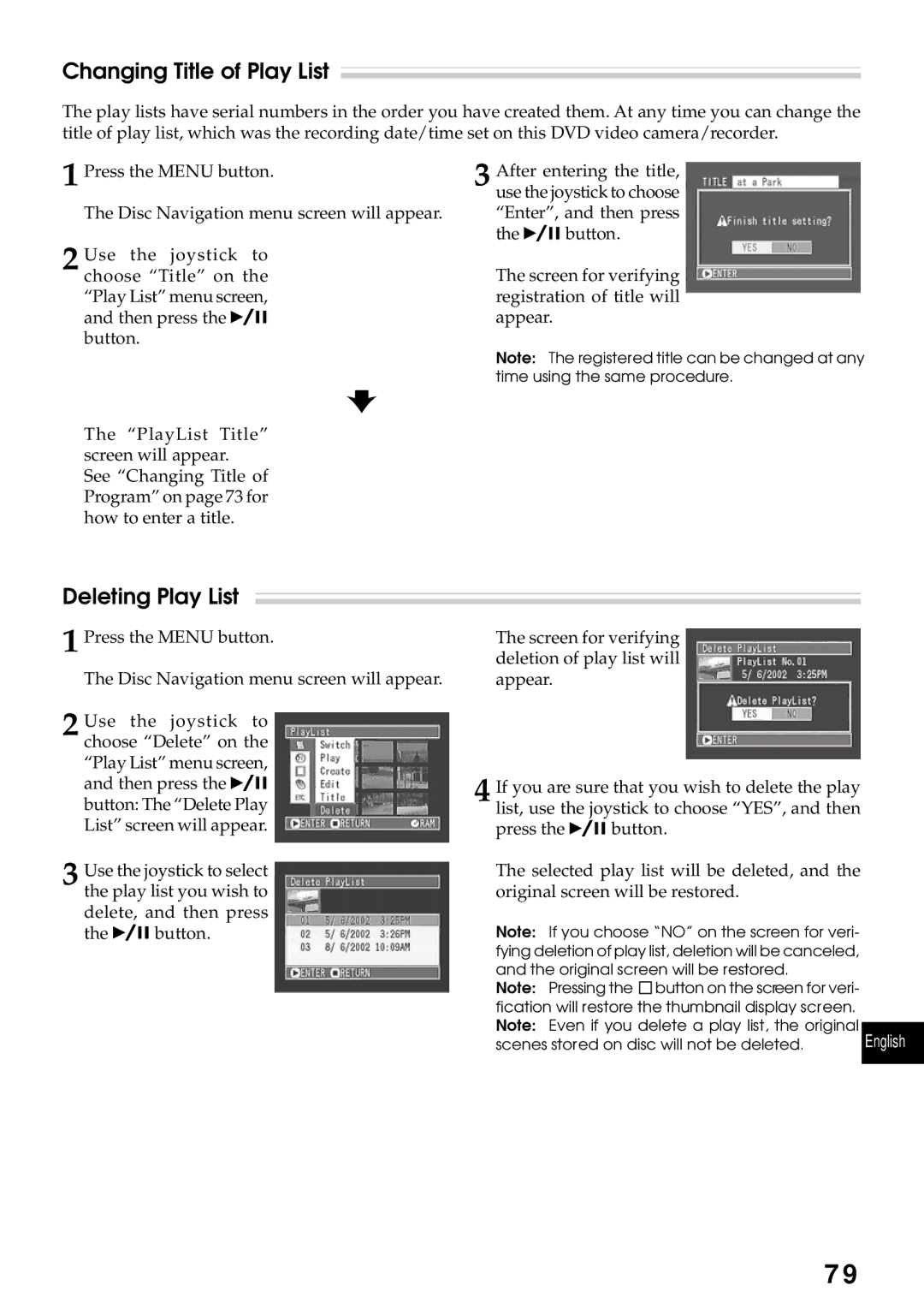 Hitachi DZMV270A instruction manual Changing Title of Play List, Deleting Play List 