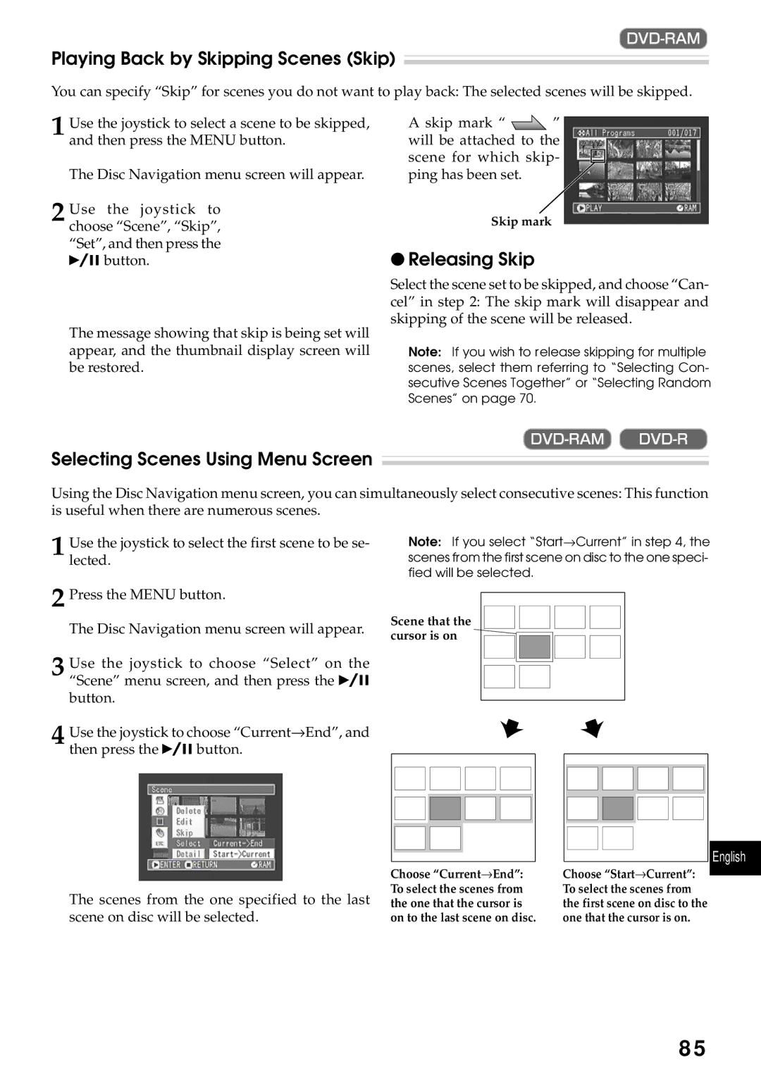 Hitachi DZMV270A Playing Back by Skipping Scenes Skip, Releasing Skip, Selecting Scenes Using Menu Screen 