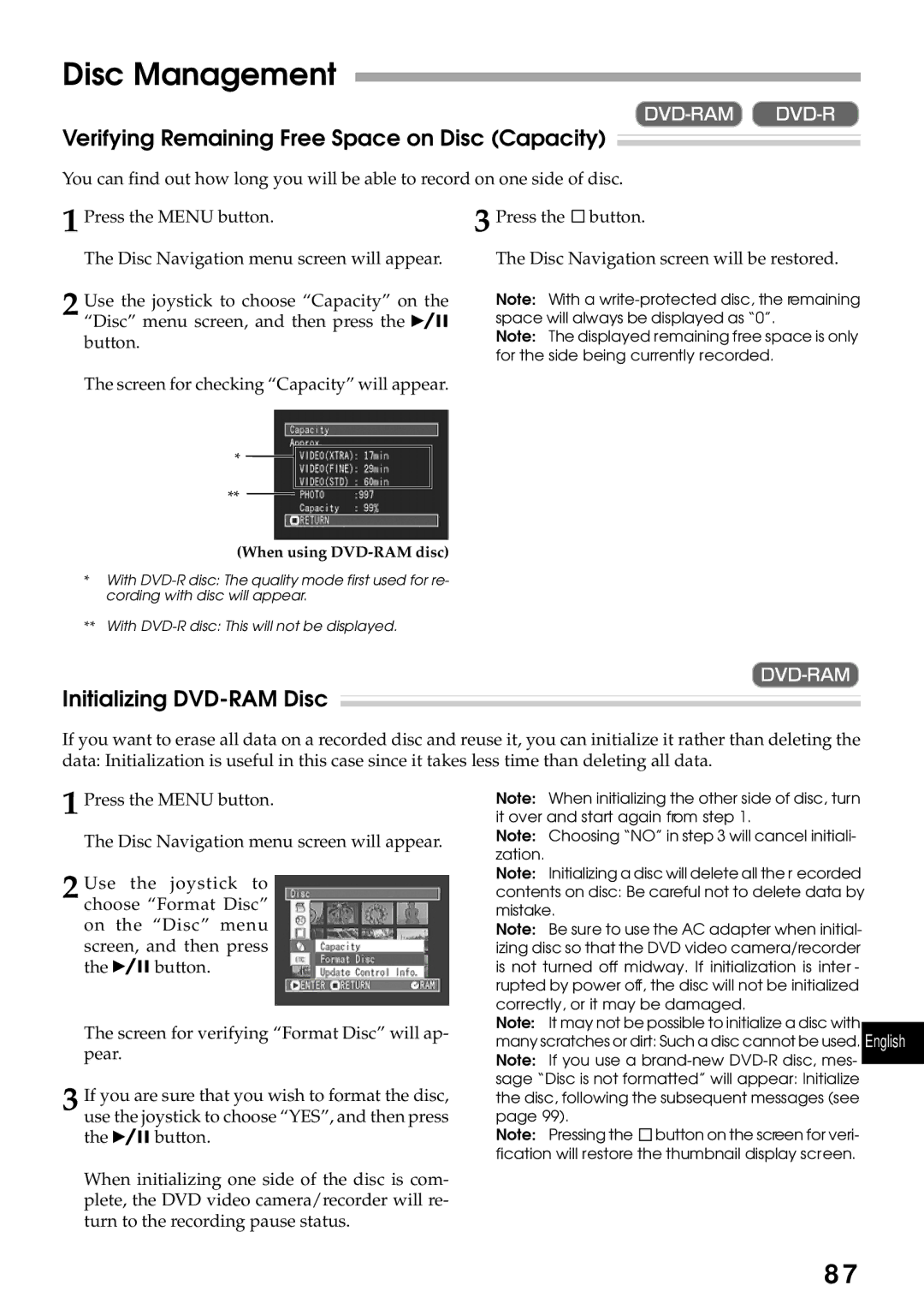 Hitachi DZMV270A Disc Management, Verifying Remaining Free Space on Disc Capacity, Initializing DVD-RAM Disc 