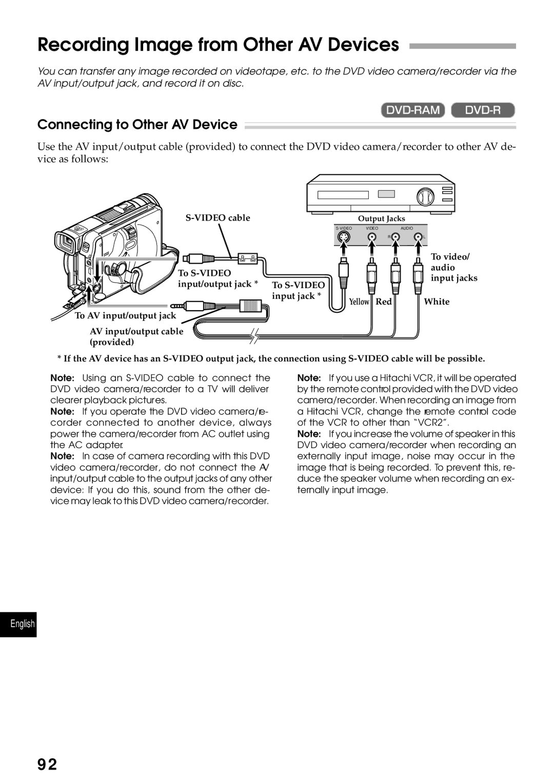 Hitachi DZMV270A instruction manual Recording Image from Other AV Devices, Connecting to Other AV Device 