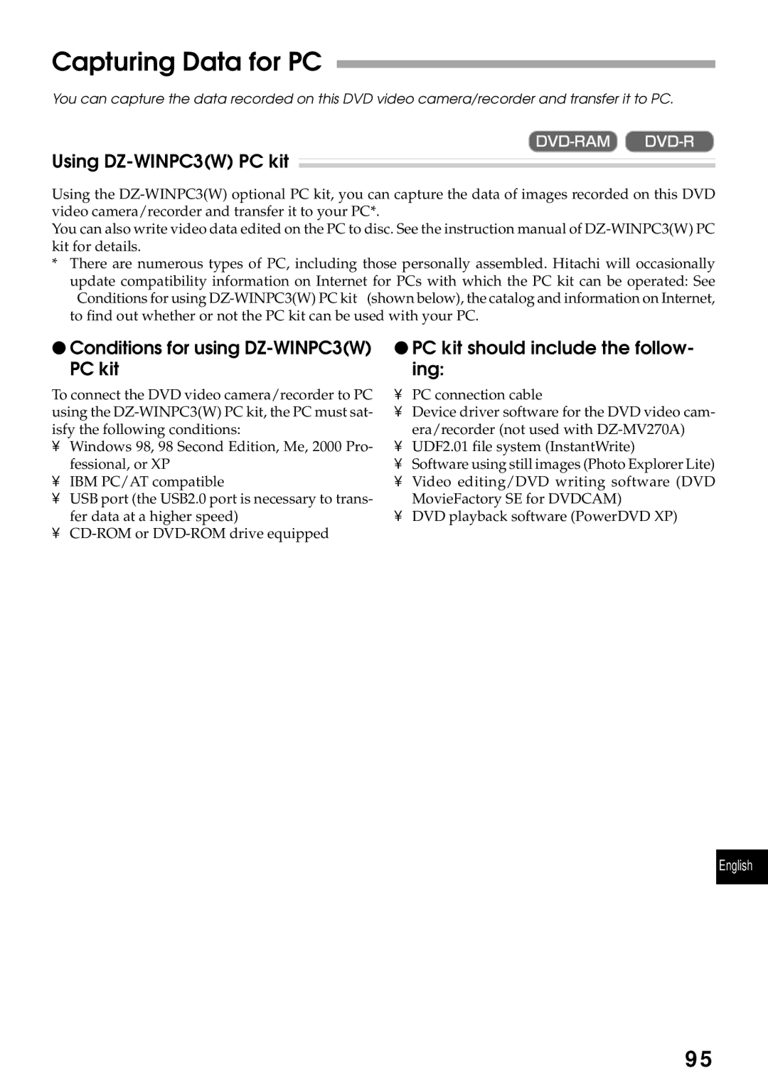 Hitachi DZMV270A instruction manual Capturing Data for PC, Using DZ-WINPC3W PC kit, Conditions for using DZ-WINPC3W PC kit 