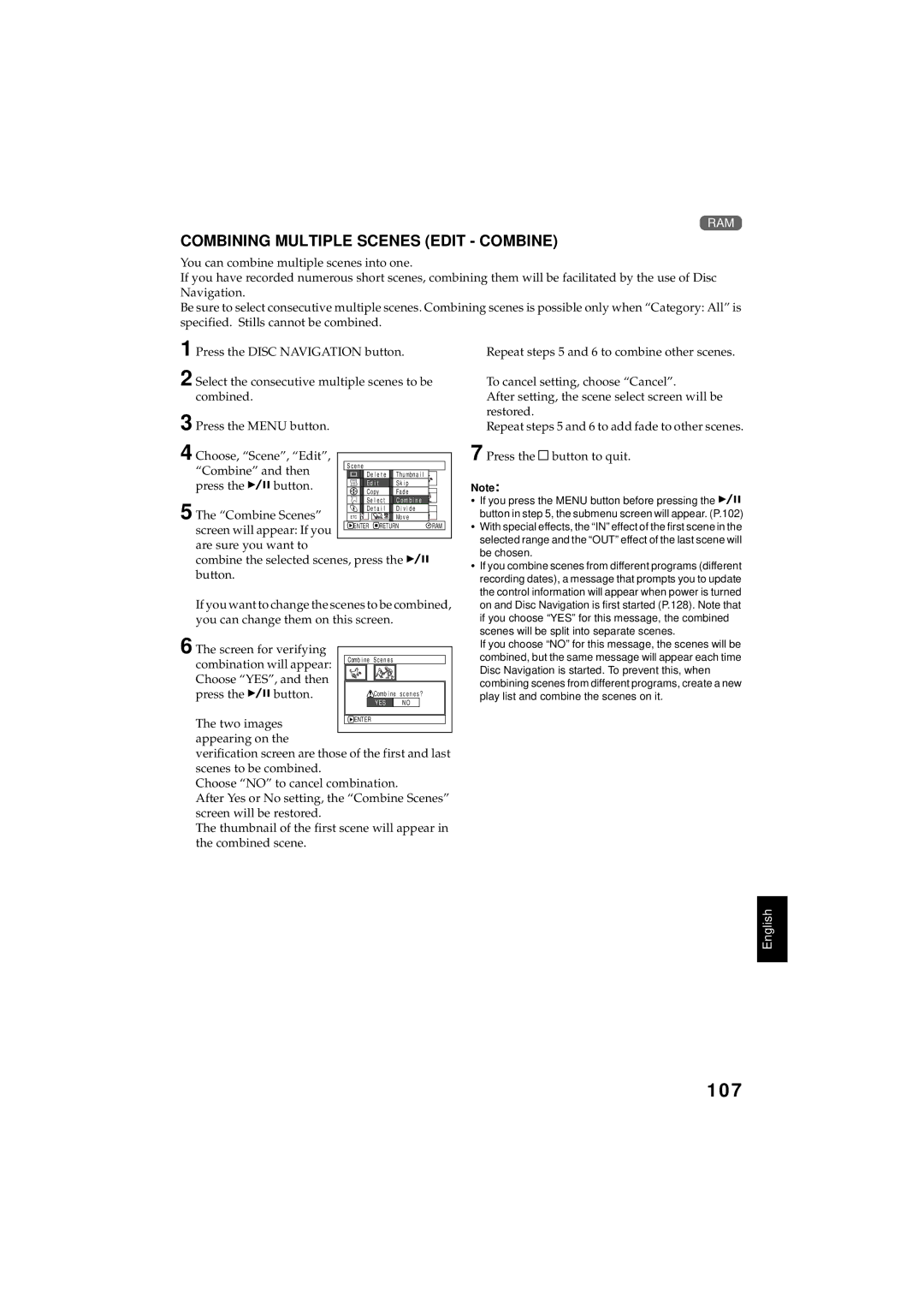 Hitachi DZMV350A instruction manual 107, Combining Multiple Scenes Edit Combine 