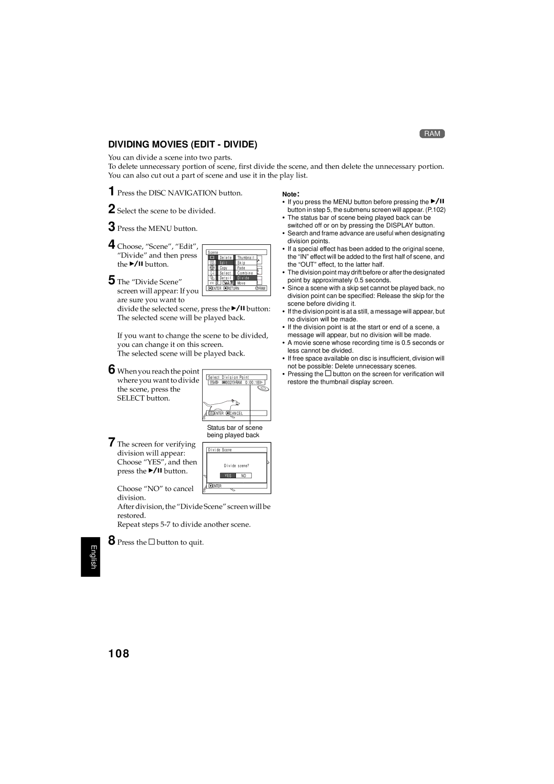 Hitachi DZMV350A 108, Dividing Movies Edit Divide, Divide and then press, Divide Scene, Division will appear 