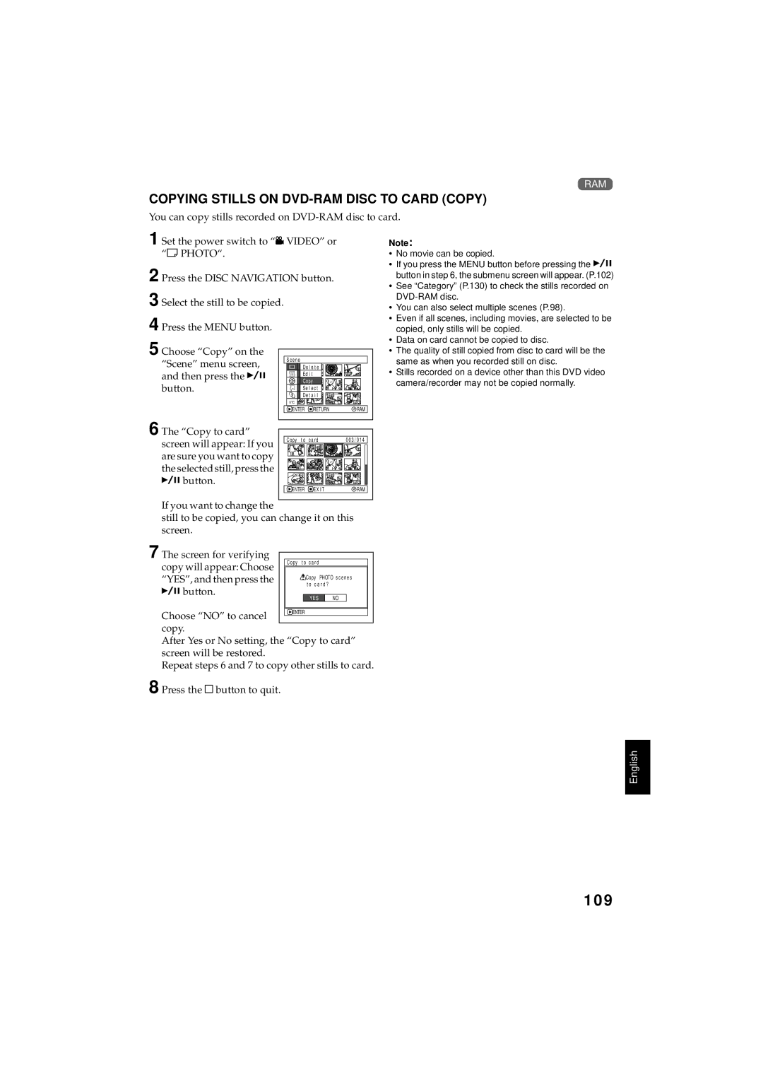 Hitachi DZMV350A instruction manual 109, Copying Stills on DVD-RAM Disc to Card Copy, Copy to card 