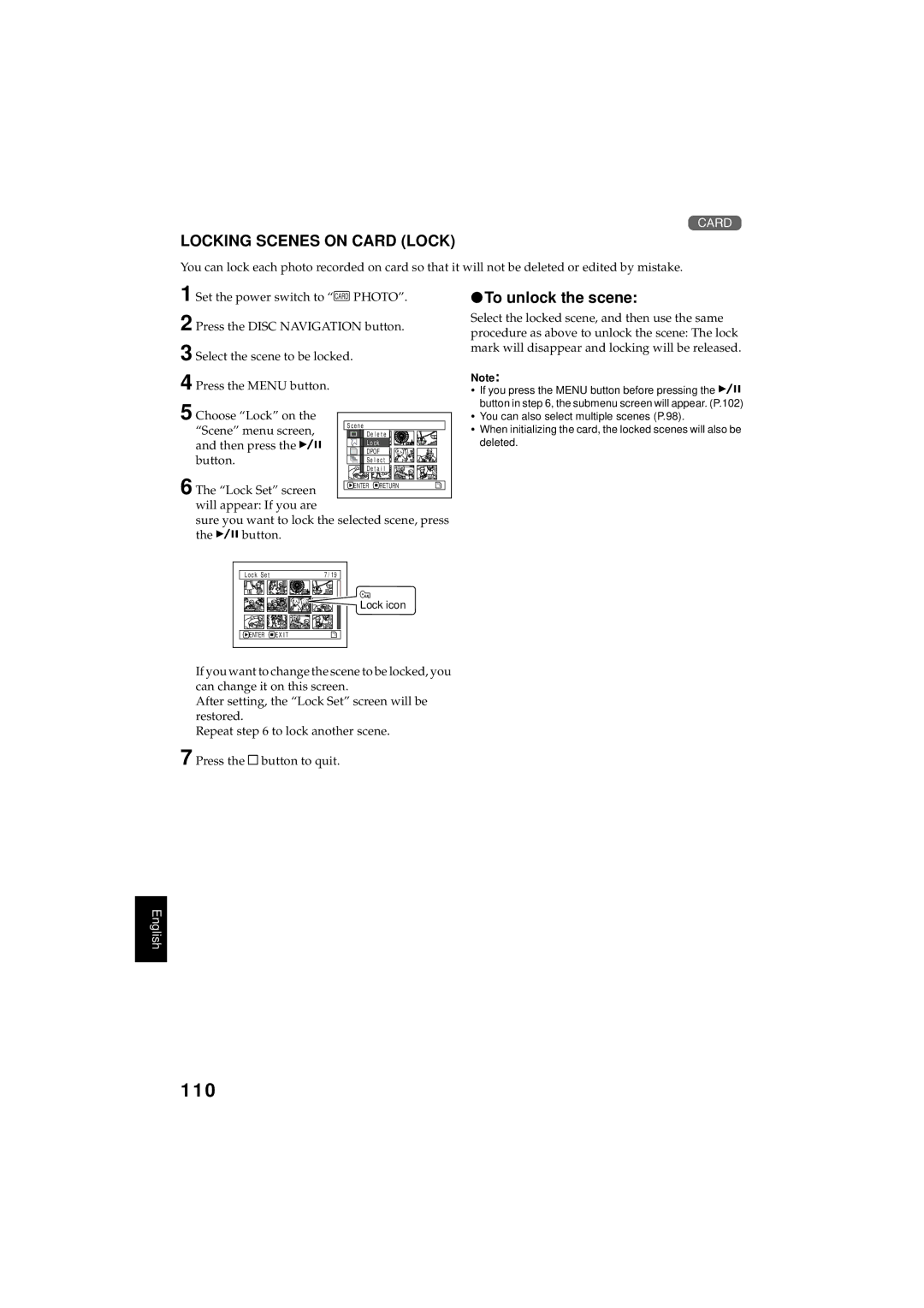 Hitachi DZMV350A instruction manual 110, Locking Scenes on Card Lock, To unlock the scene, Lock Set screen, Lock icon 