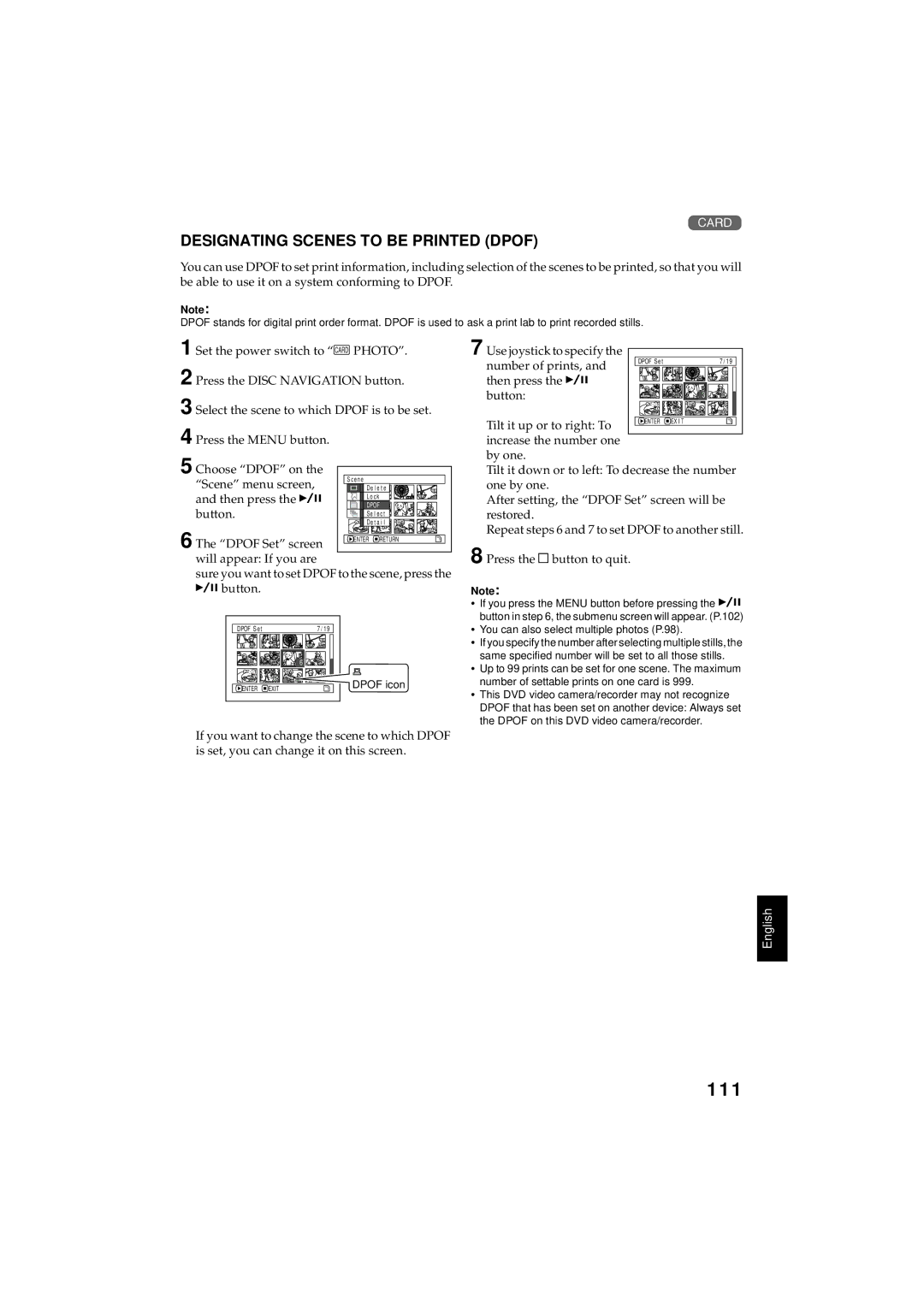 Hitachi DZMV350A instruction manual 111, Designating Scenes to be Printed Dpof 