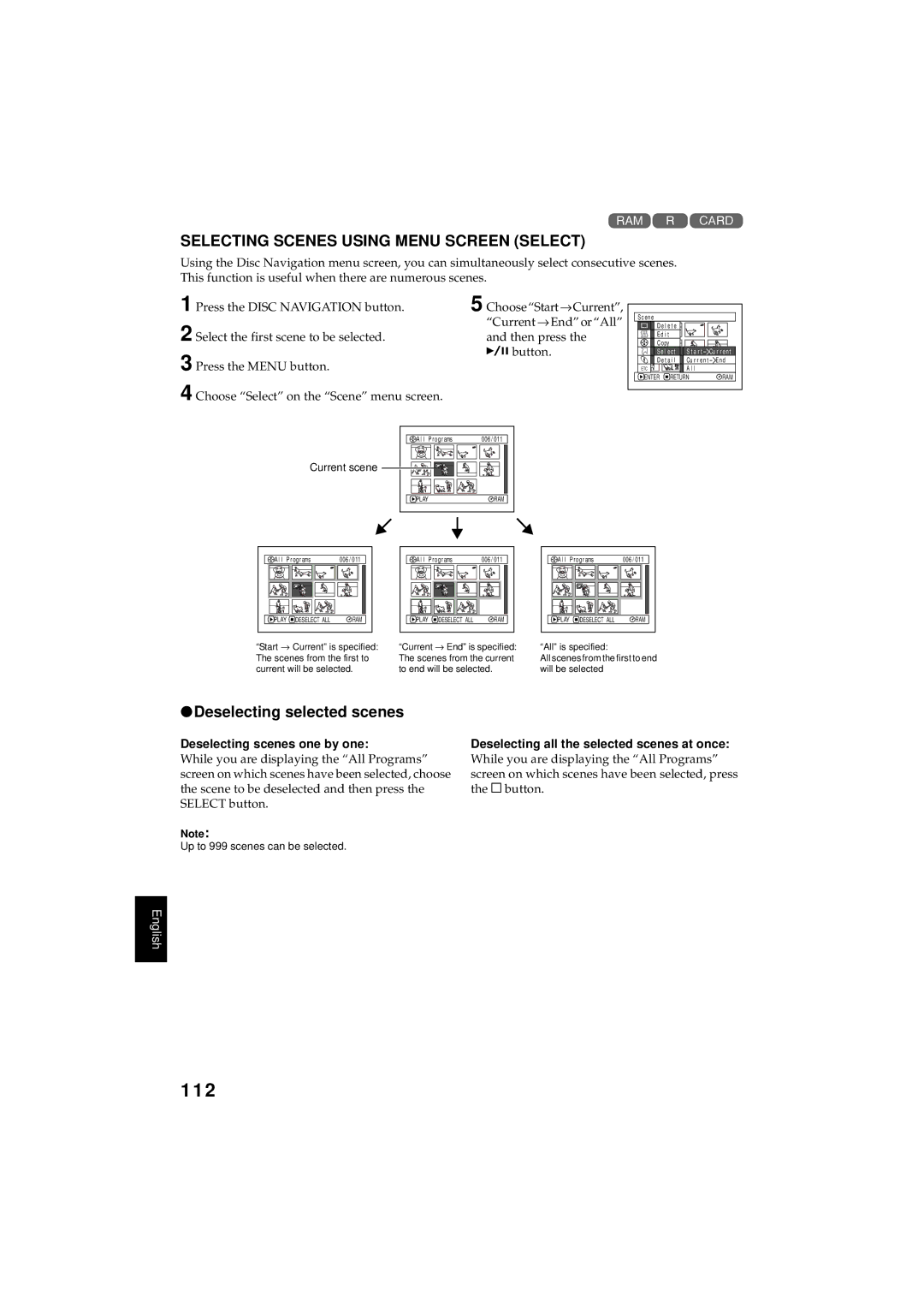 Hitachi DZMV350A instruction manual 112, Selecting Scenes Using Menu Screen Select, Deselecting selected scenes 