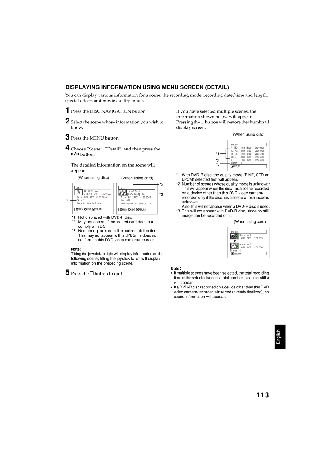 Hitachi DZMV350A instruction manual 113, Displaying Information Using Menu Screen Detail, When using disc When using card 