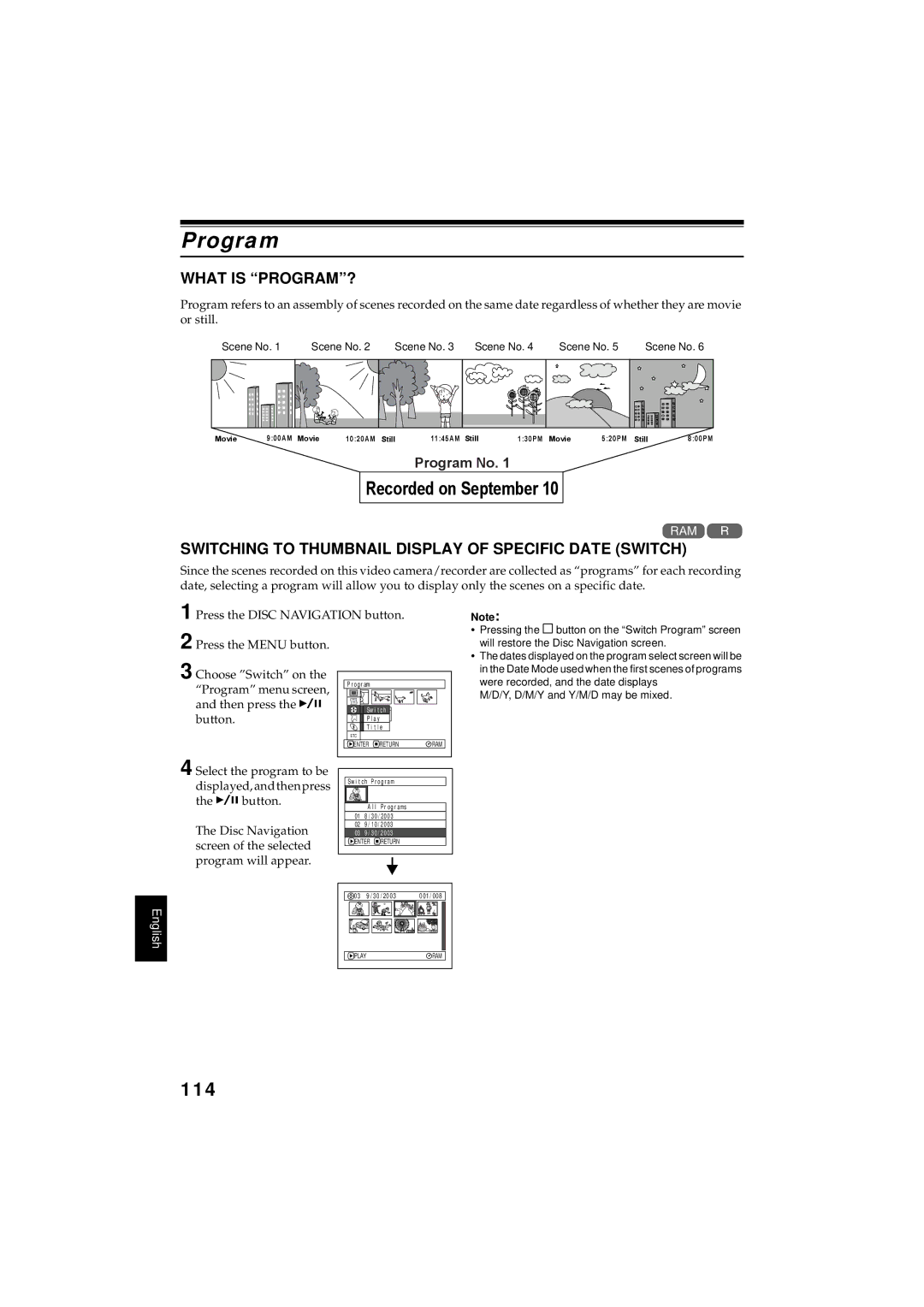 Hitachi DZMV350A instruction manual Program, 114, What is PROGRAM?, Switching to Thumbnail Display of Specific Date Switch 