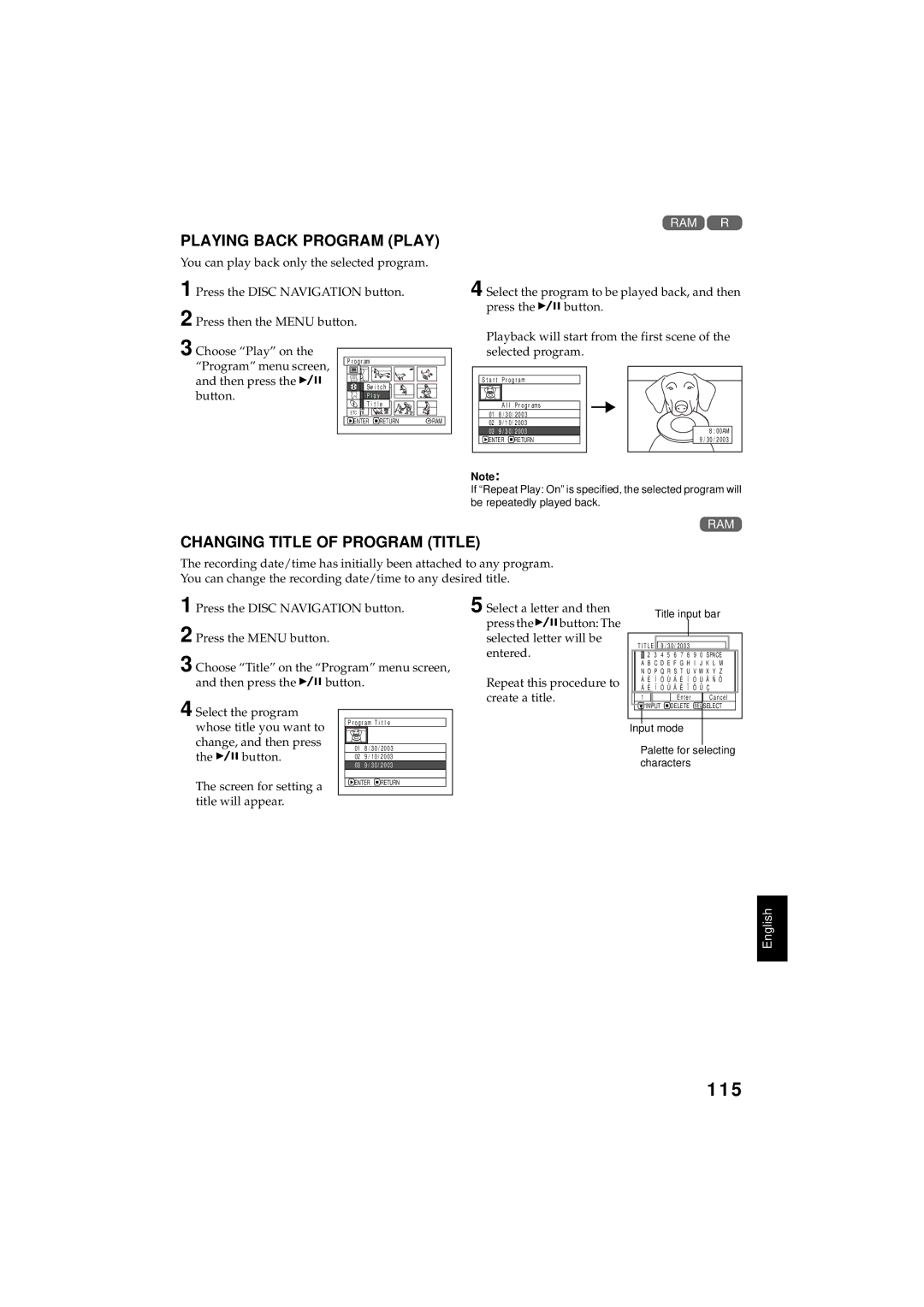 Hitachi DZMV350A instruction manual 115, Playing Back Program Play, Changing Title of Program Title, Title input bar 