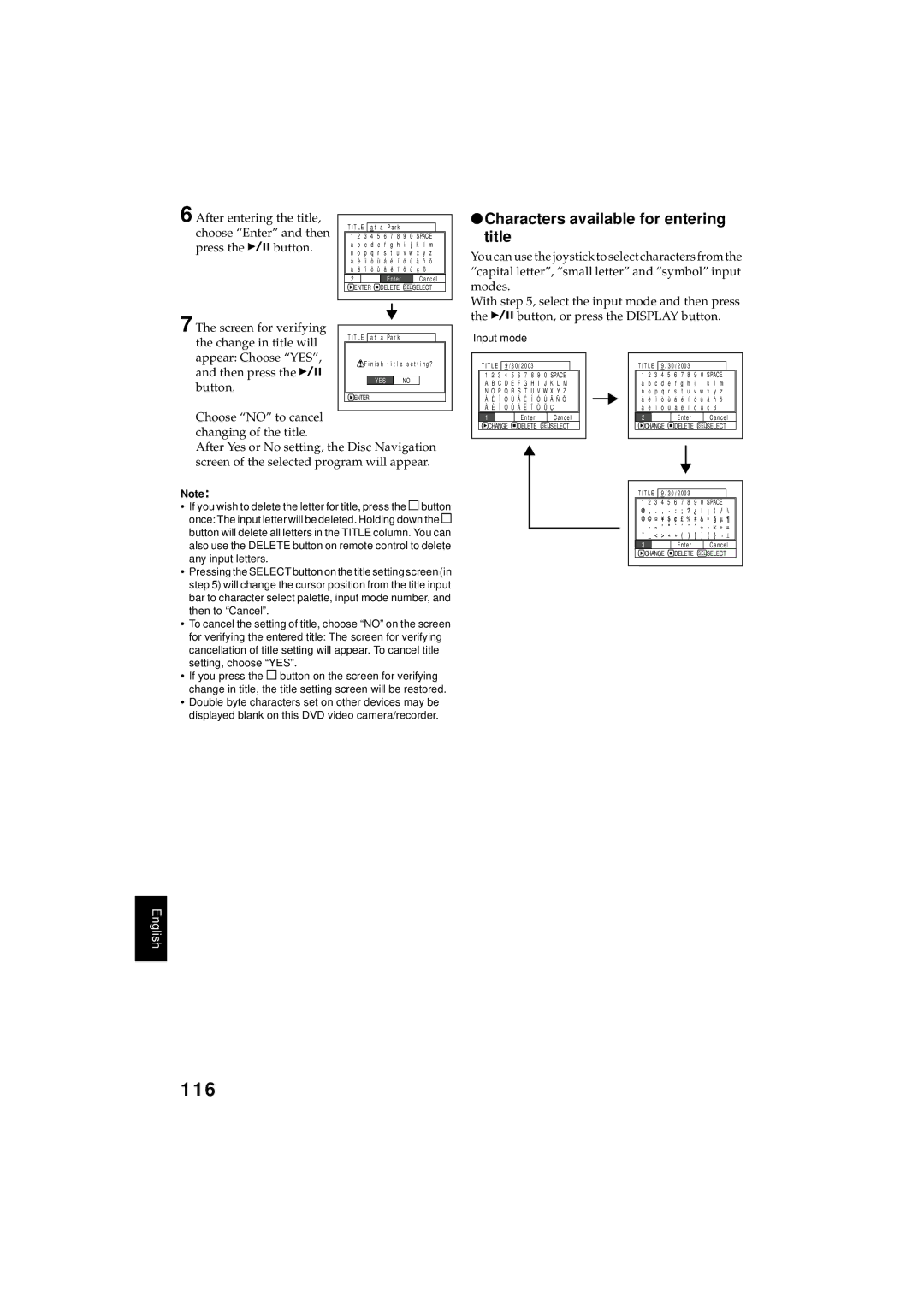 Hitachi DZMV350A instruction manual 116, Characters available for entering title 