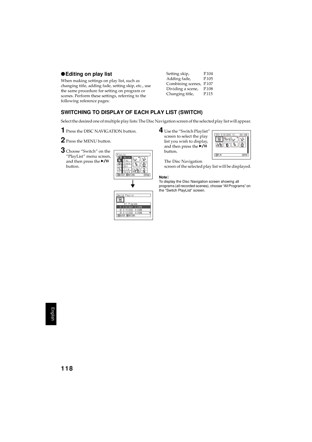 Hitachi DZMV350A instruction manual 118, Editing on play list, Switching to Display of Each Play List Switch 