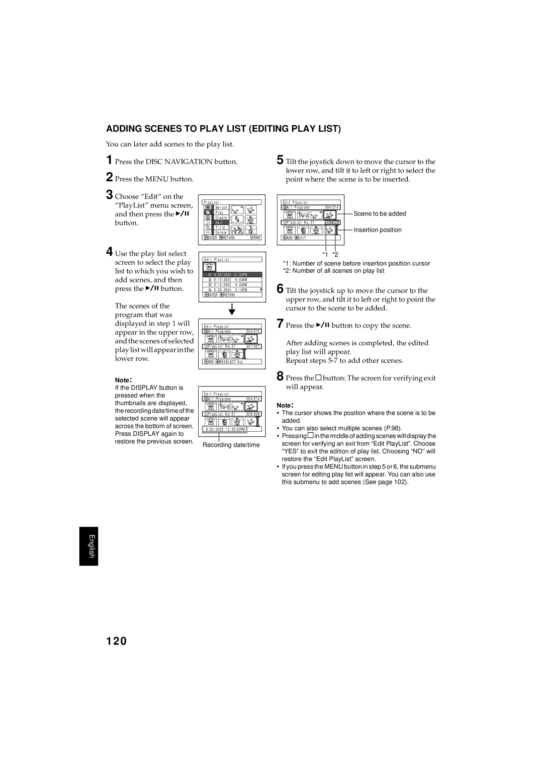 Hitachi DZMV350A instruction manual 120, Adding Scenes to Play List Editing Play List 