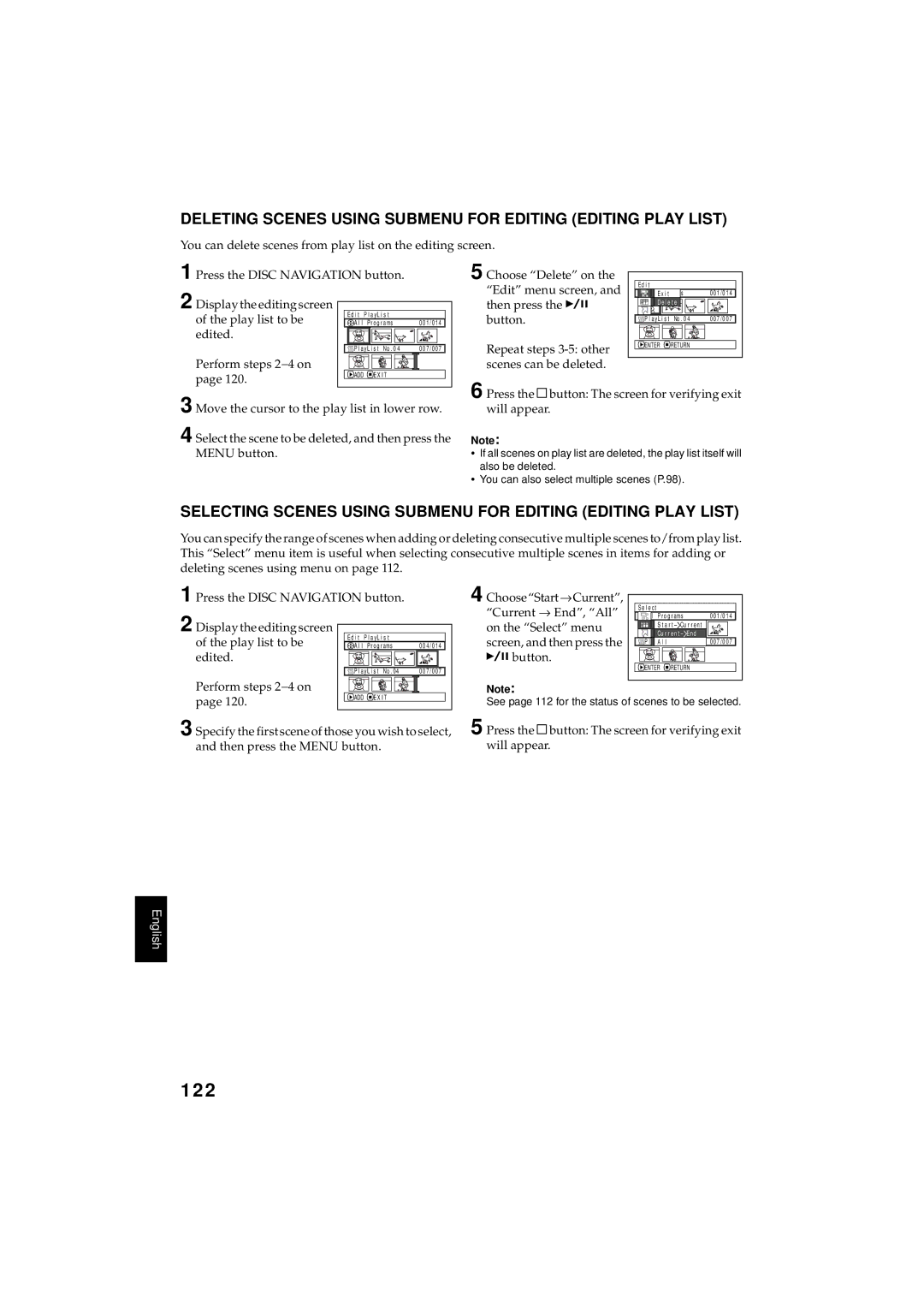 Hitachi DZMV350A instruction manual 122, Deleting Scenes Using Submenu for Editing Editing Play List 