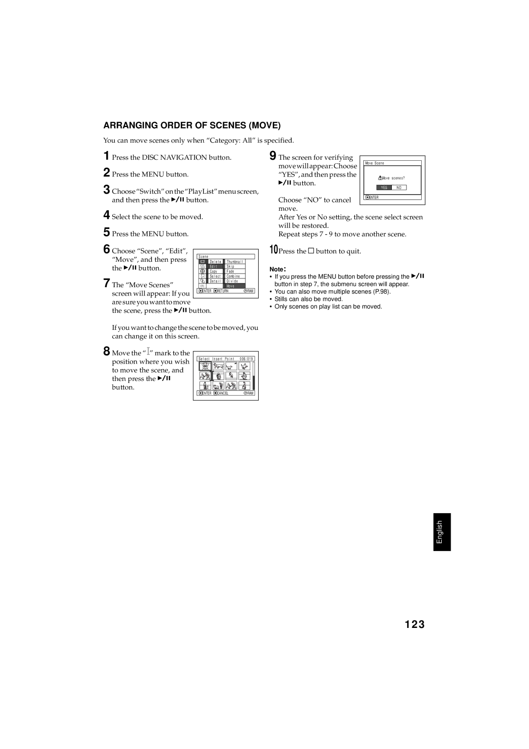 Hitachi DZMV350A instruction manual 123, Arranging Order of Scenes Move, Move Scenes, MovewillappearChoose 