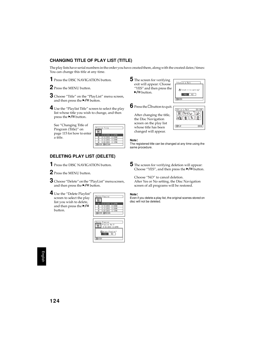 Hitachi DZMV350A instruction manual 124, Changing Title of Play List Title, Deleting Play List Delete 