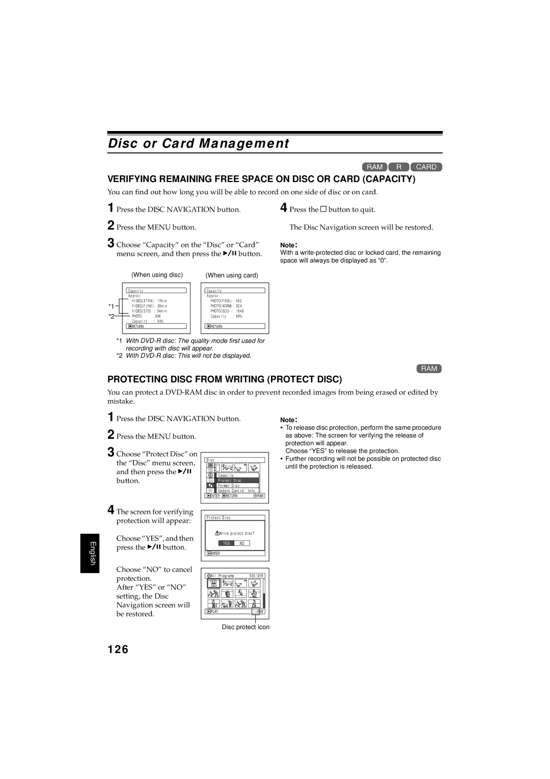 Hitachi DZMV350A instruction manual Disc or Card Management, 126, Verifying Remaining Free Space on Disc or Card Capacity 