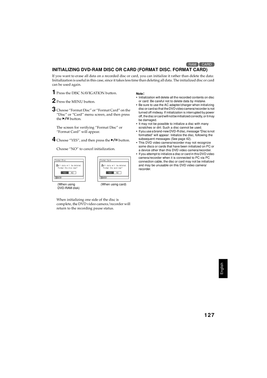 Hitachi DZMV350A instruction manual 127, Initializing DVD-RAM Disc or Card Format DISC. Format Card 