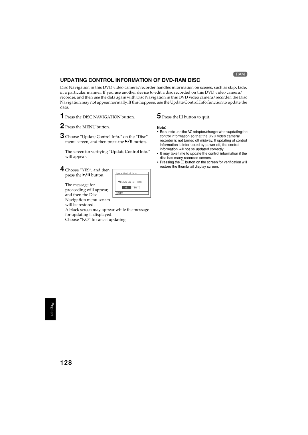 Hitachi DZMV350A instruction manual 128, Updating Control Information of DVD-RAM Disc, Message for, Proceeding will appear 