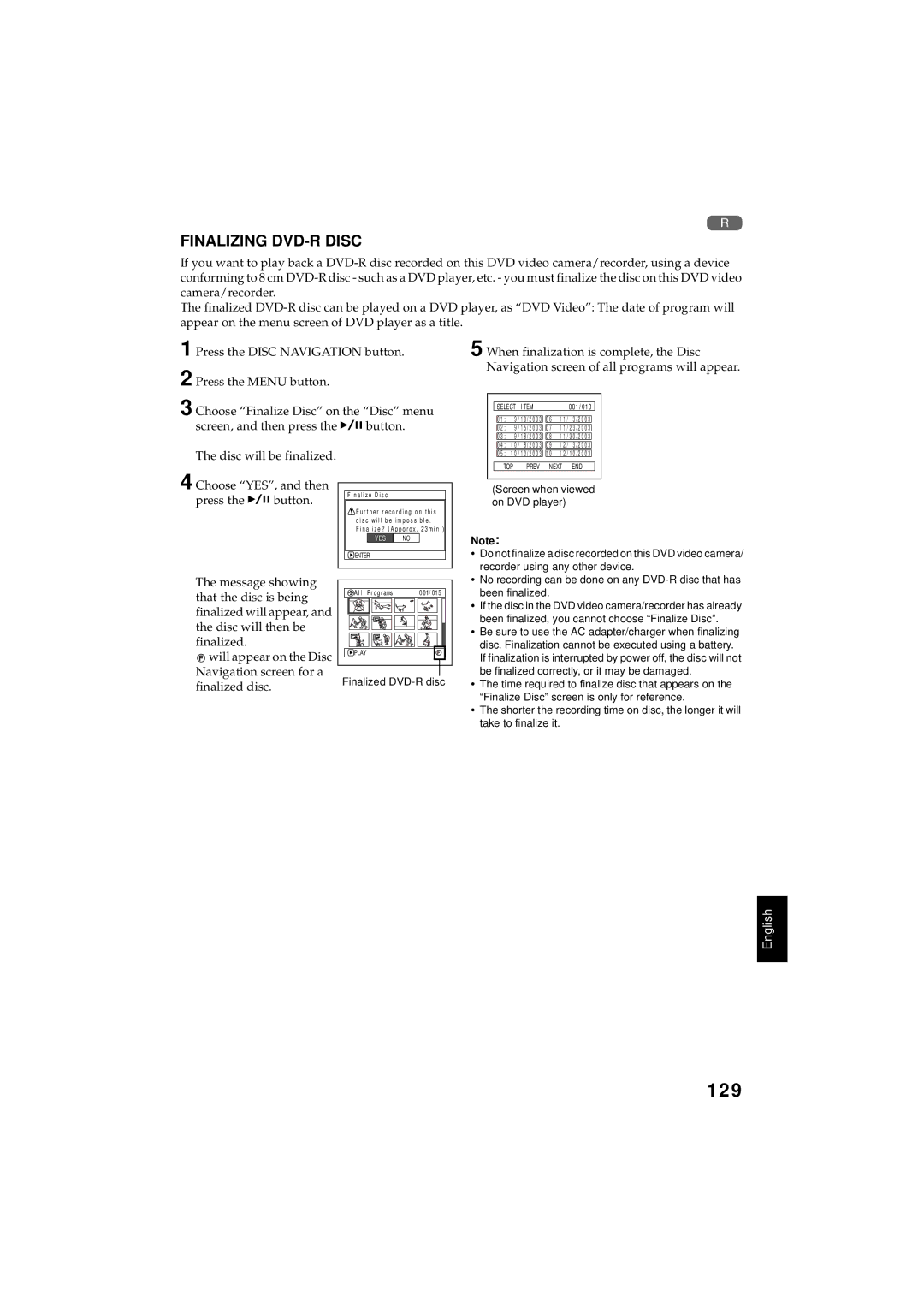 Hitachi DZMV350A instruction manual 129, Finalizing DVD-R Disc 