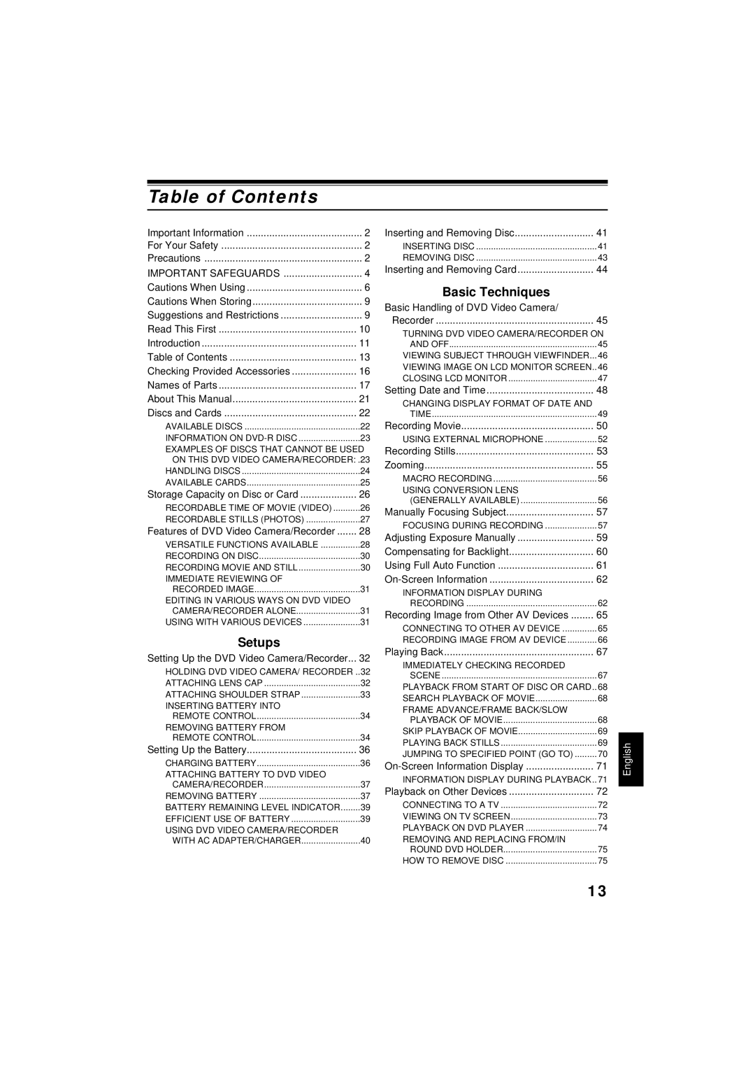 Hitachi DZMV350A instruction manual Table of Contents 