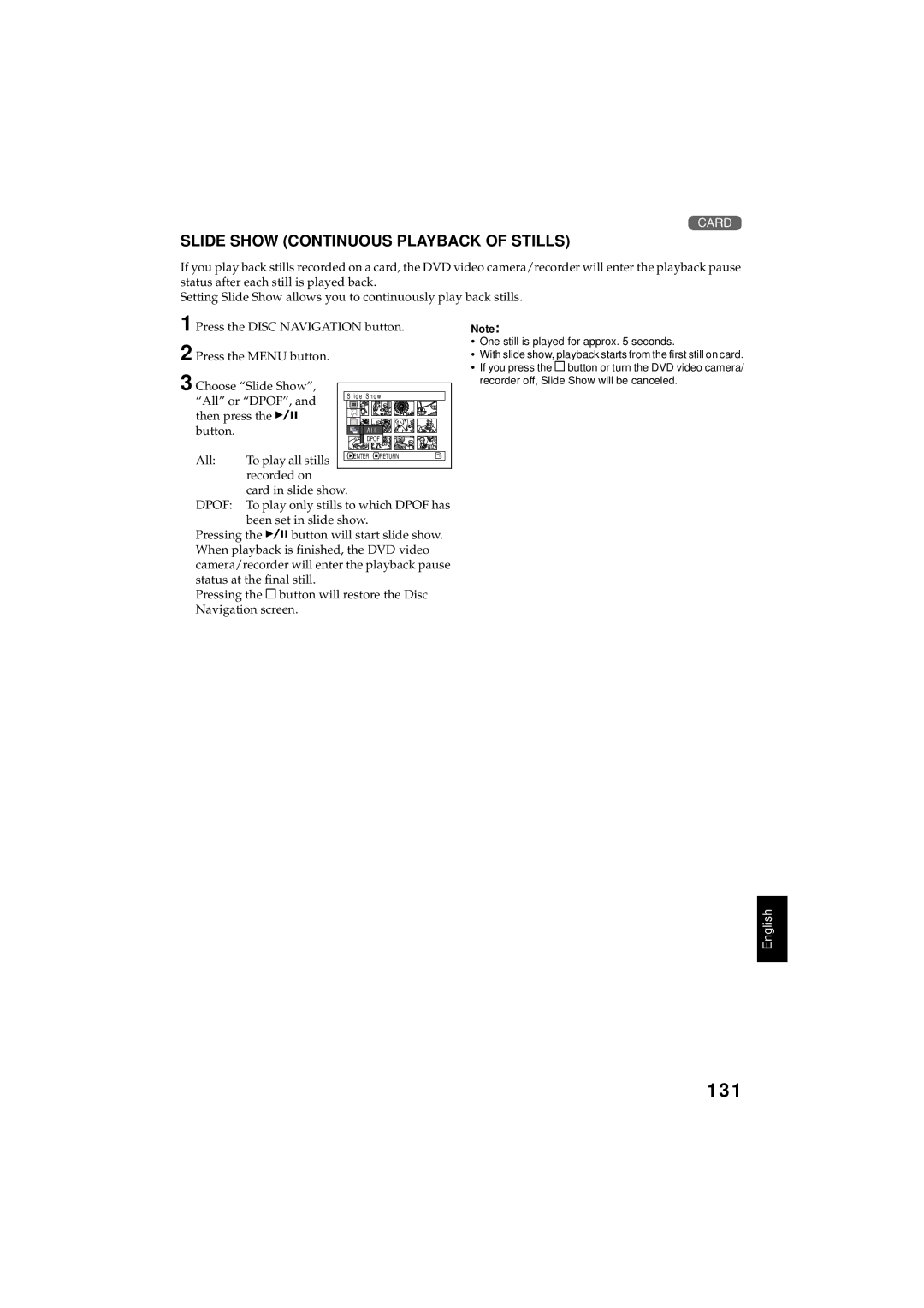 Hitachi DZMV350A instruction manual 131, Slide Show Continuous Playback of Stills 