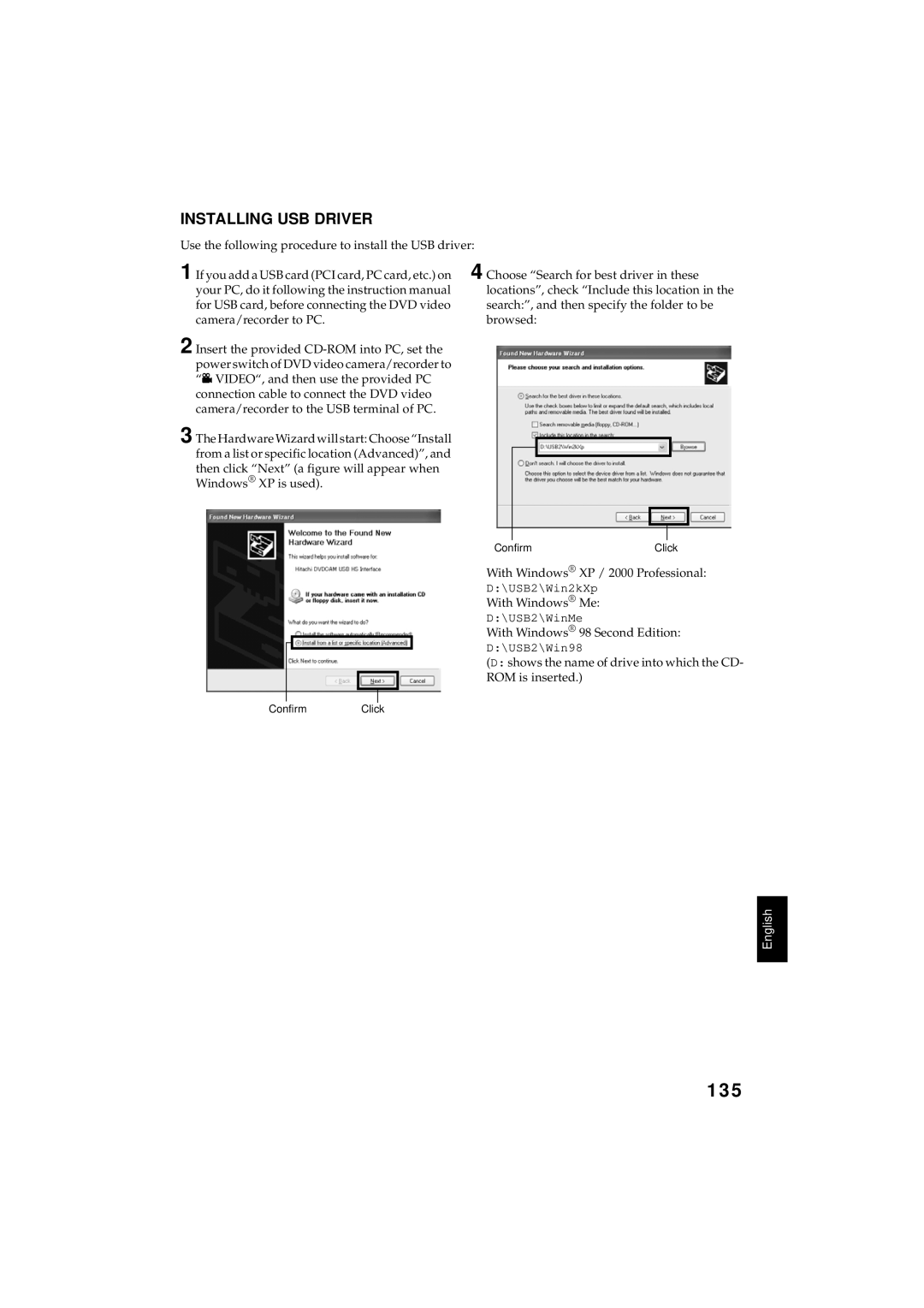 Hitachi DZMV350A instruction manual 135, Installing USB Driver 