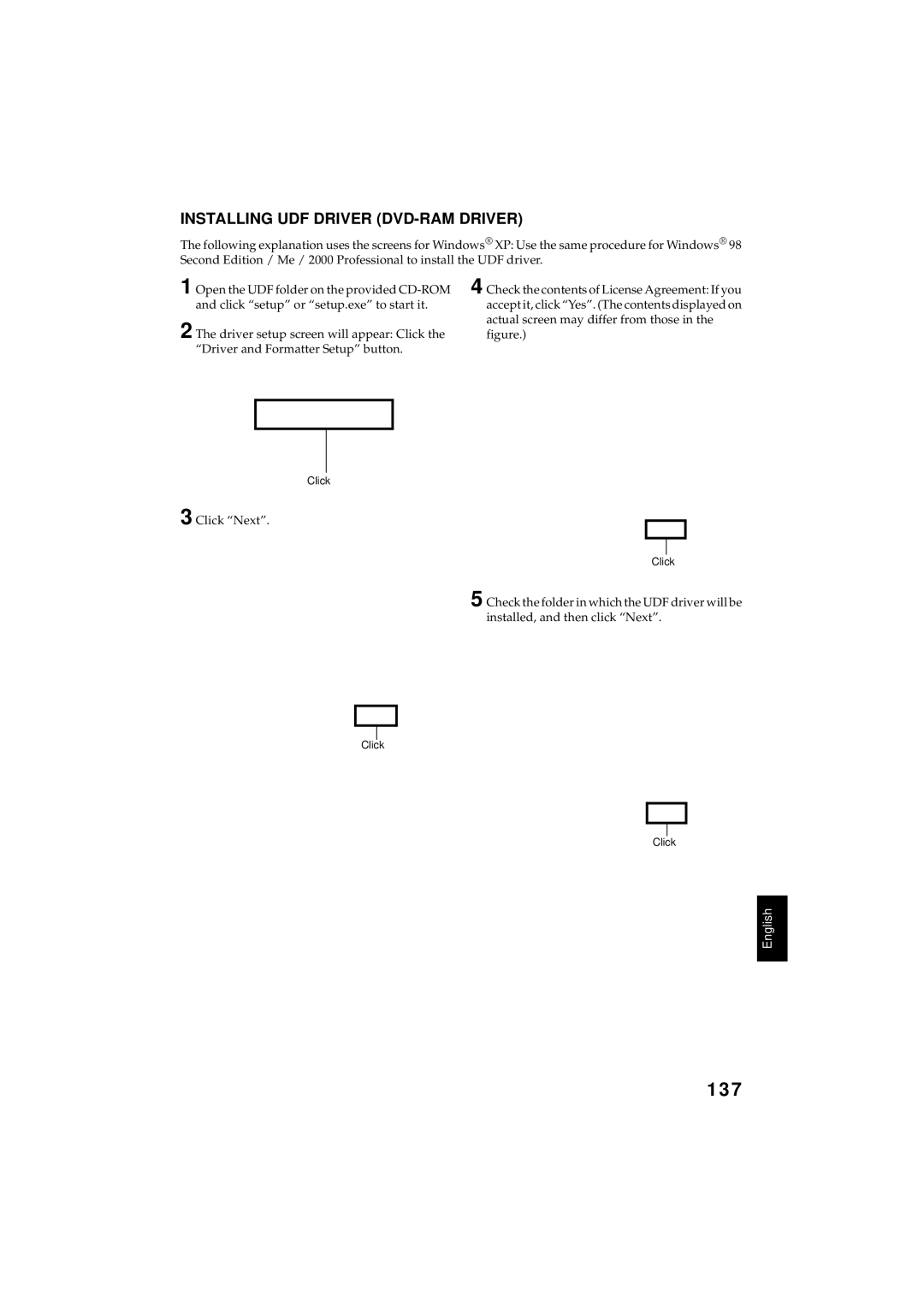 Hitachi DZMV350A instruction manual 137, Installing UDF Driver DVD-RAM Driver, Click Next 