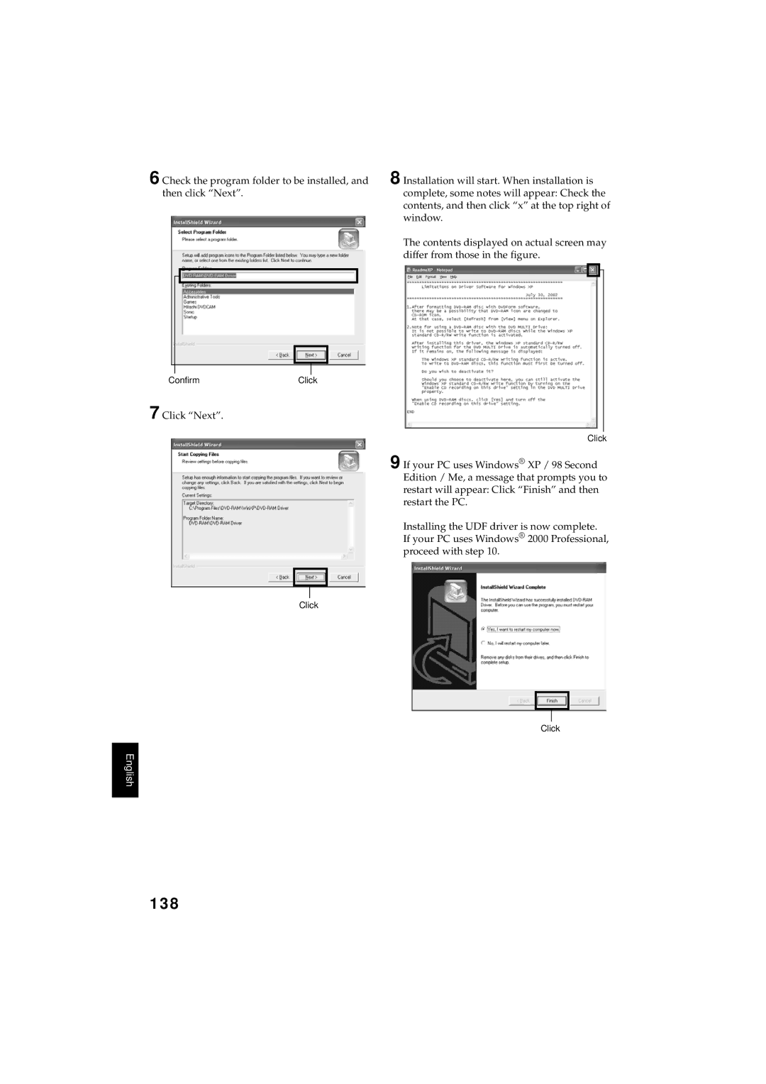 Hitachi DZMV350A instruction manual 138, ConfirmClick 