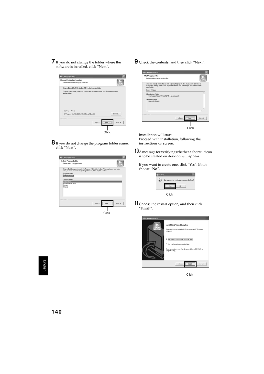 Hitachi DZMV350A instruction manual 140, If you do not change the program folder name, click Next 