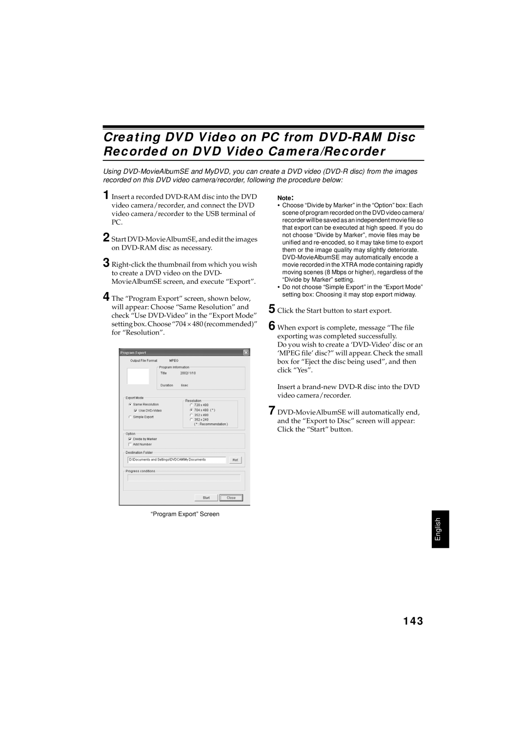 Hitachi DZMV350A instruction manual 143, Program Export Screen 