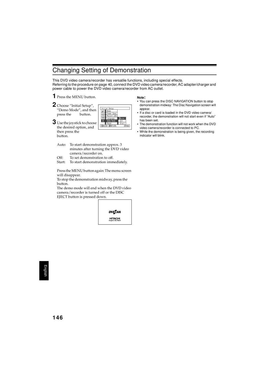 Hitachi DZMV350A instruction manual Changing Setting of Demonstration, 146 