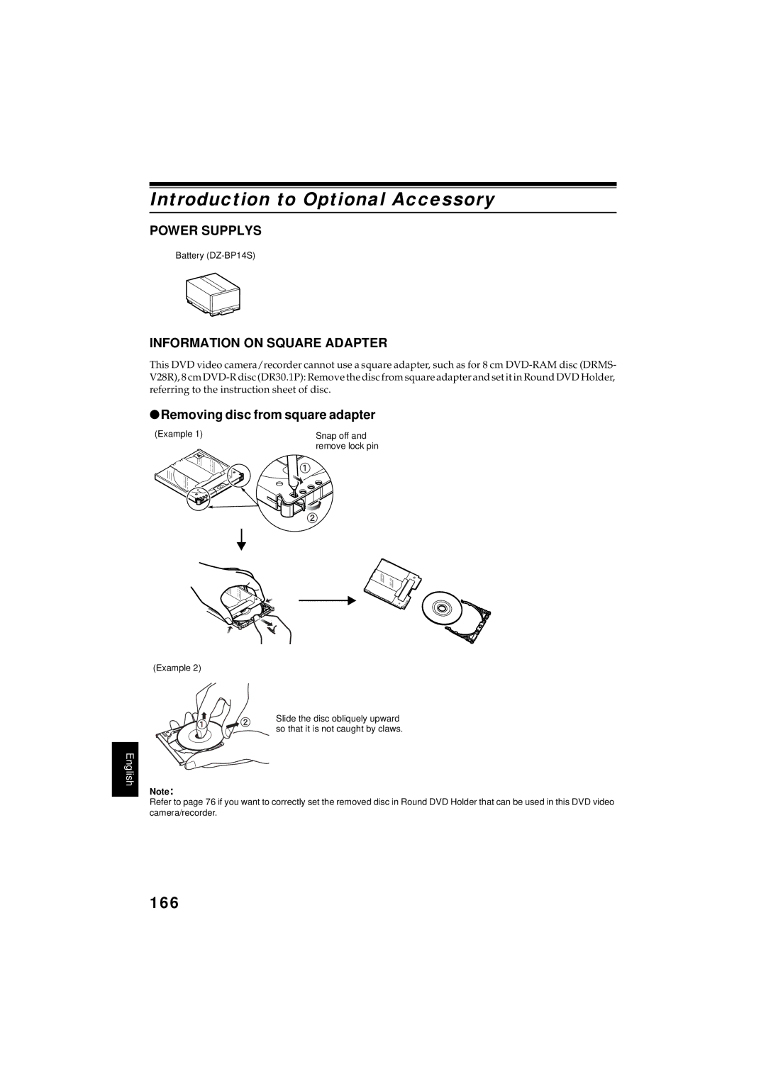 Hitachi DZMV350A instruction manual Introduction to Optional Accessory, 166, Power Supplys, Information on Square Adapter 