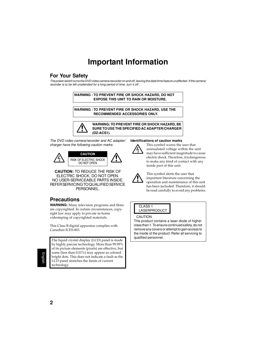 Hitachi DZMV350A instruction manual For Your Safety, Precautions, Identifications of caution marks 