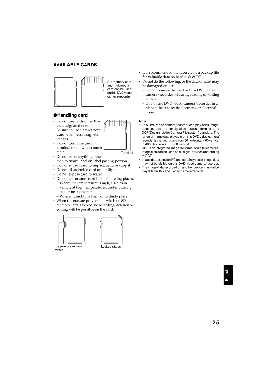 Hitachi DZMV350A instruction manual Available Cards, Handling card, Metal.Terminal, Switch 