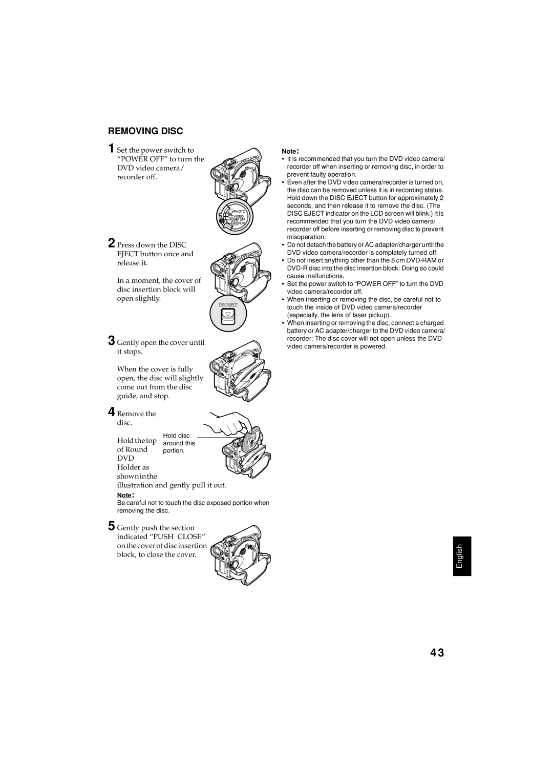 Hitachi DZMV350A instruction manual Removing Disc 