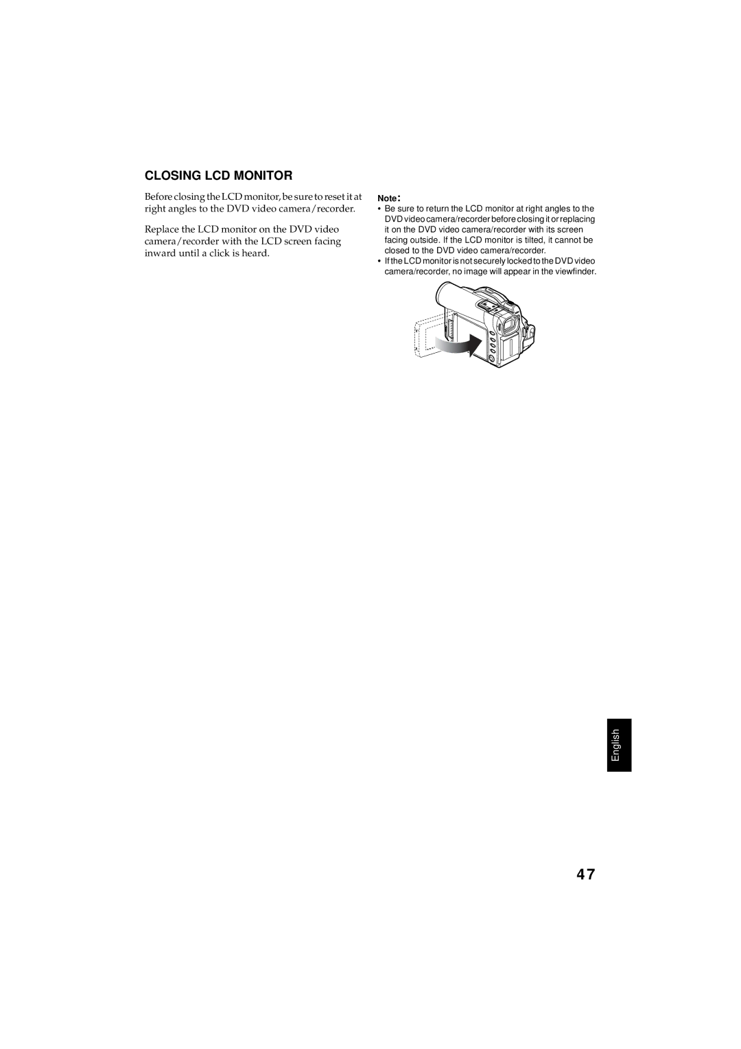 Hitachi DZMV350A instruction manual Closing LCD Monitor 