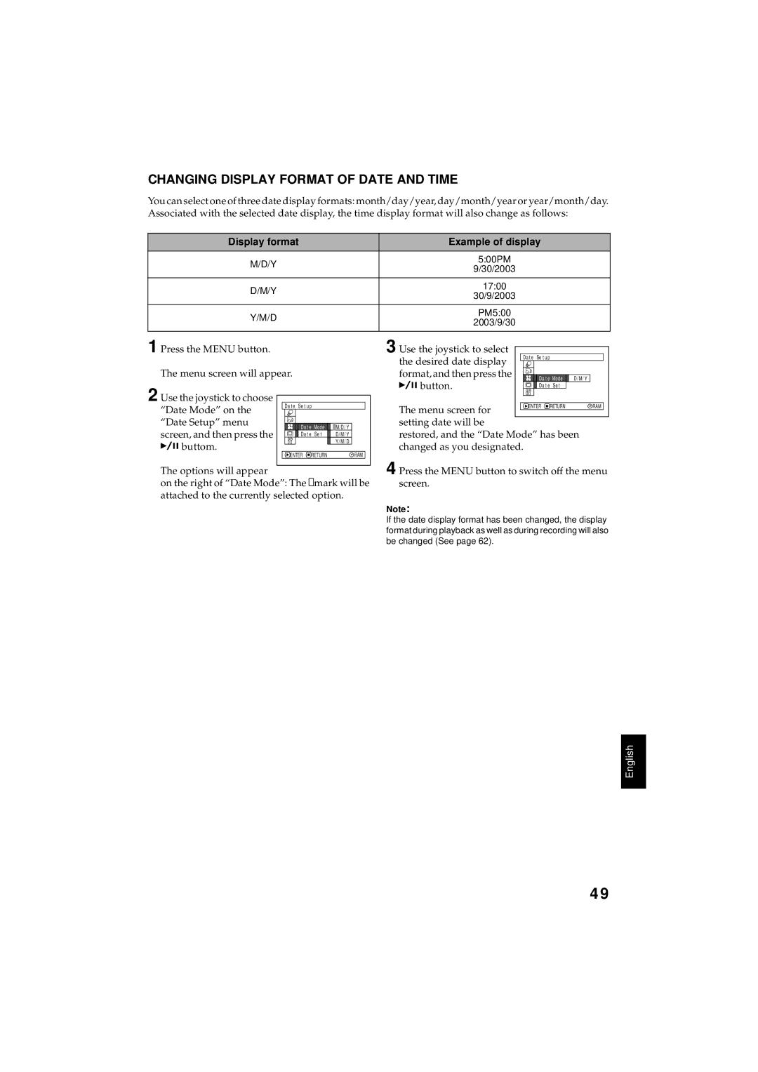 Hitachi DZMV350A instruction manual Changing Display Format of Date and Time, Display format Example of display 