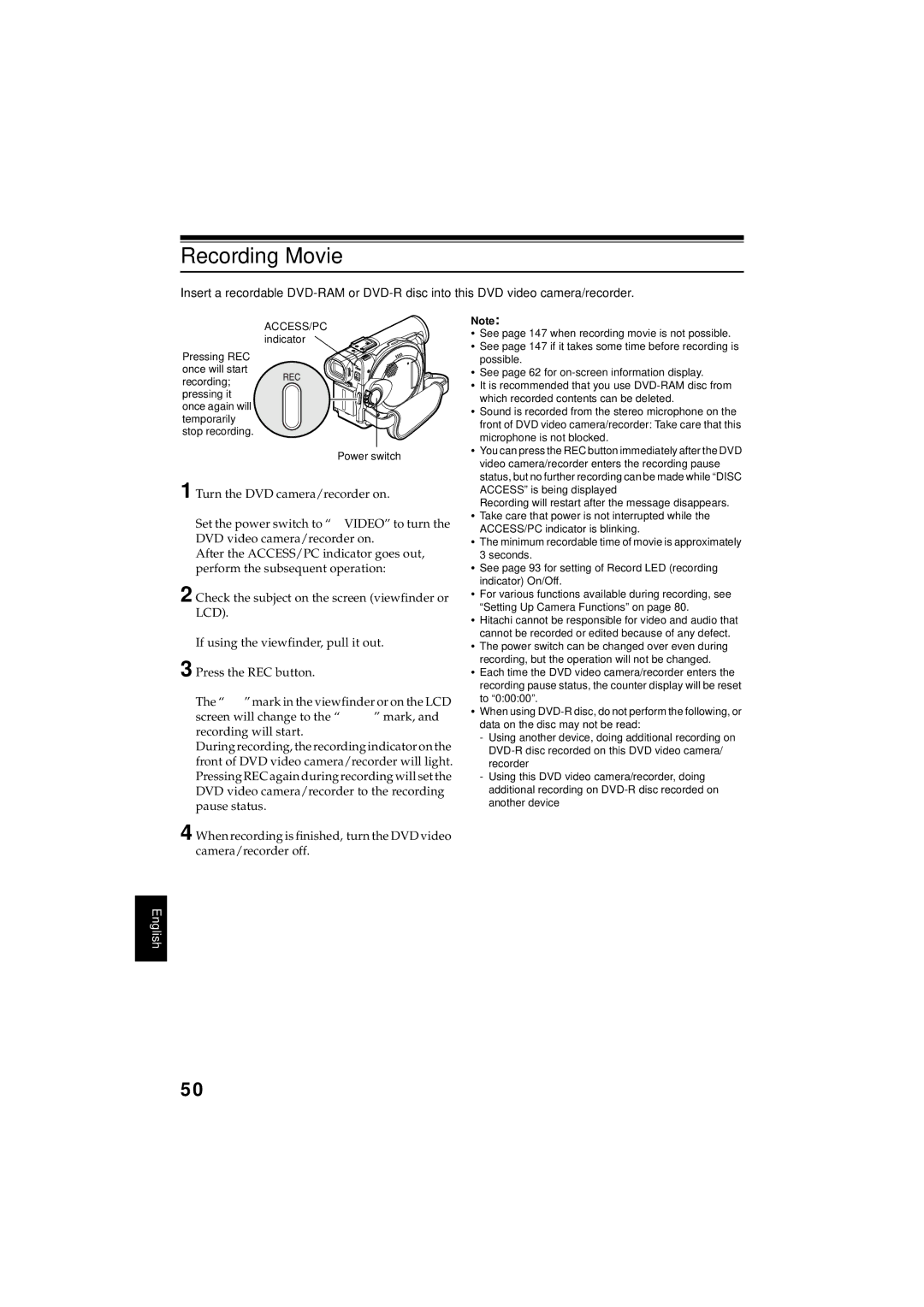 Hitachi DZMV350A instruction manual Recording Movie 