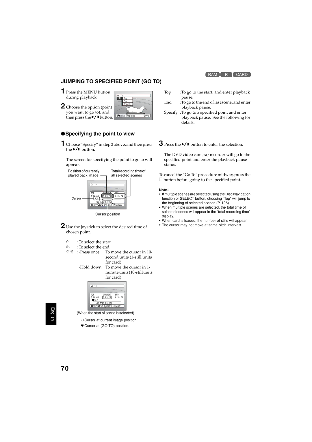 Hitachi DZMV350A Jumping to Specified Point GO to, Specifying the point to view, Press the Menu button during playback 