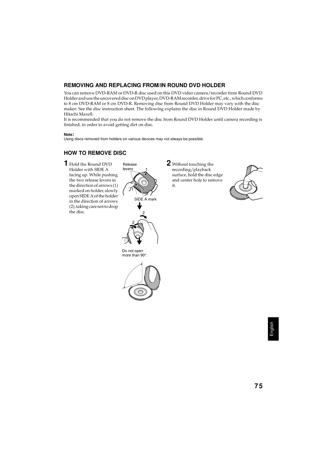 Hitachi DZMV350A instruction manual Removing and Replacing FROM/IN Round DVD Holder, HOW to Remove Disc, Recording/playback 