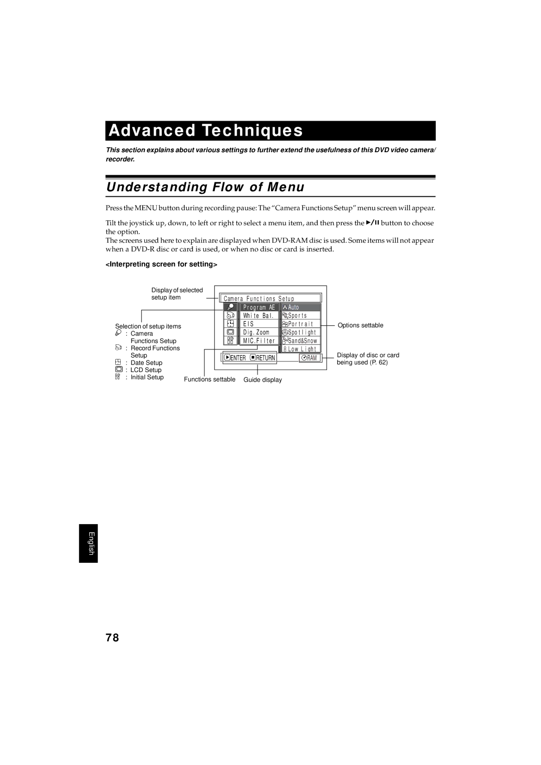 Hitachi DZMV350A instruction manual Understanding Flow of Menu, Interpreting screen for setting 