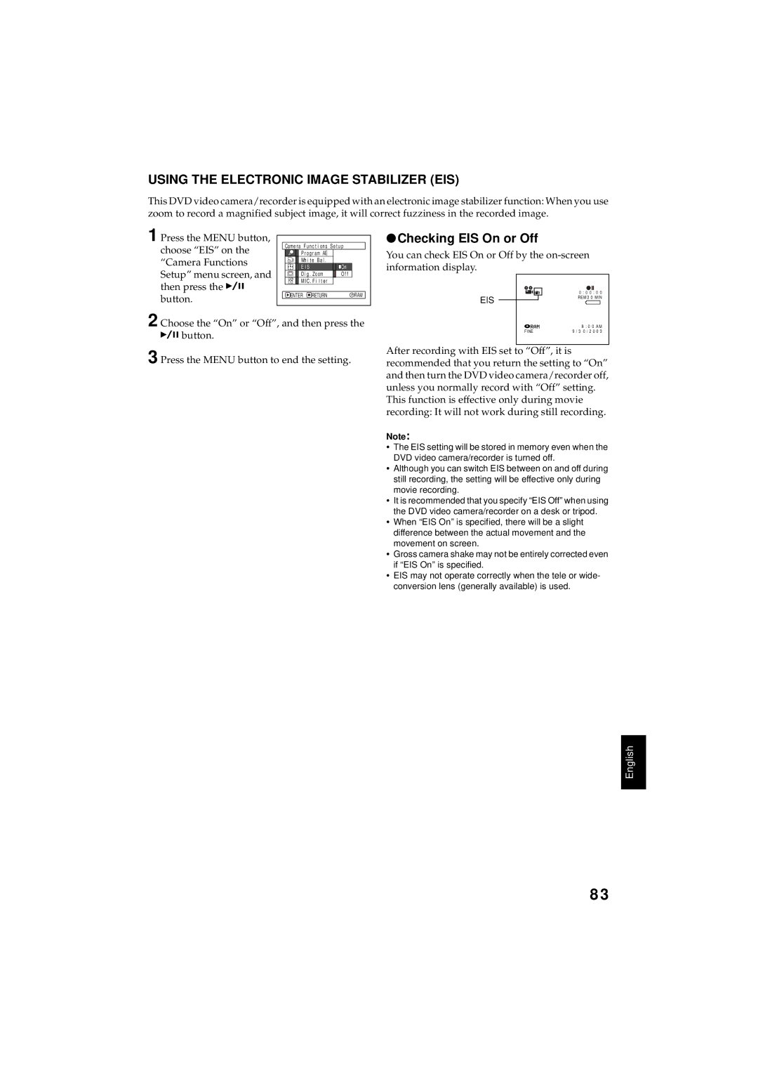 Hitachi DZMV350A instruction manual Using the Electronic Image Stabilizer EIS, Checking EIS On or Off 